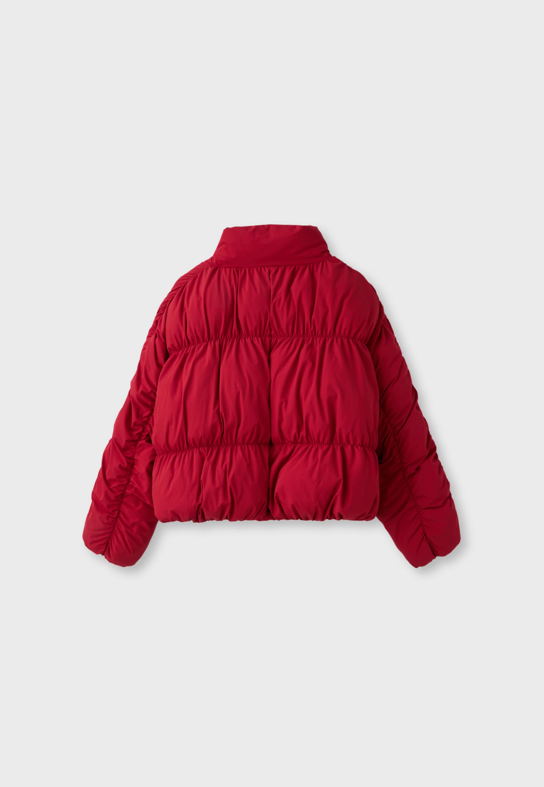 Padded jacket with high neck and gathered detail — Dark red