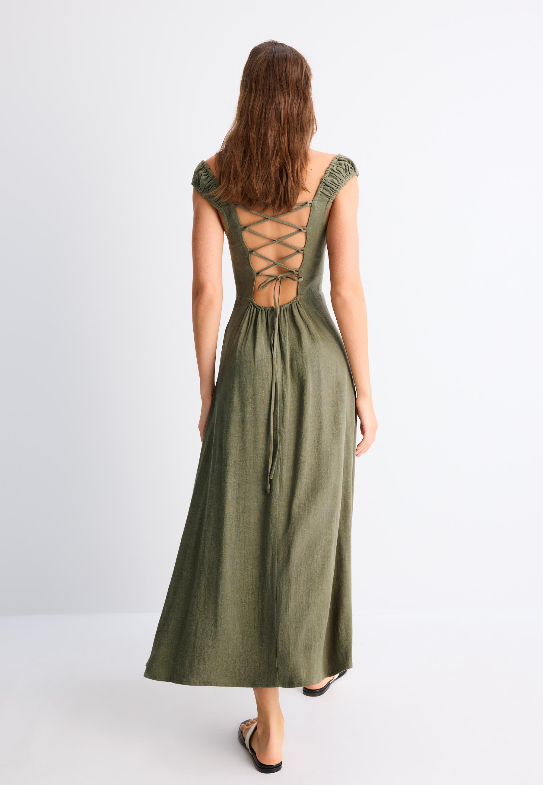 Linen-look cross-back midi dress — Khaki