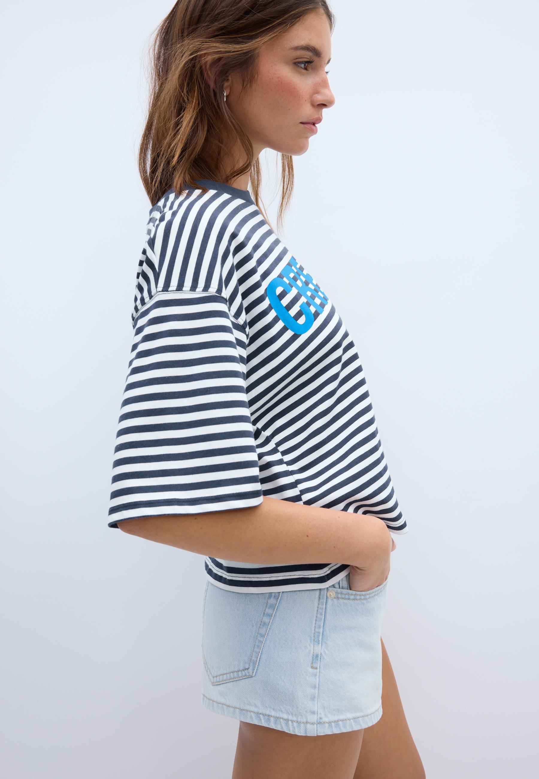 Printed striped short sleeve T-shirt — Navy blue