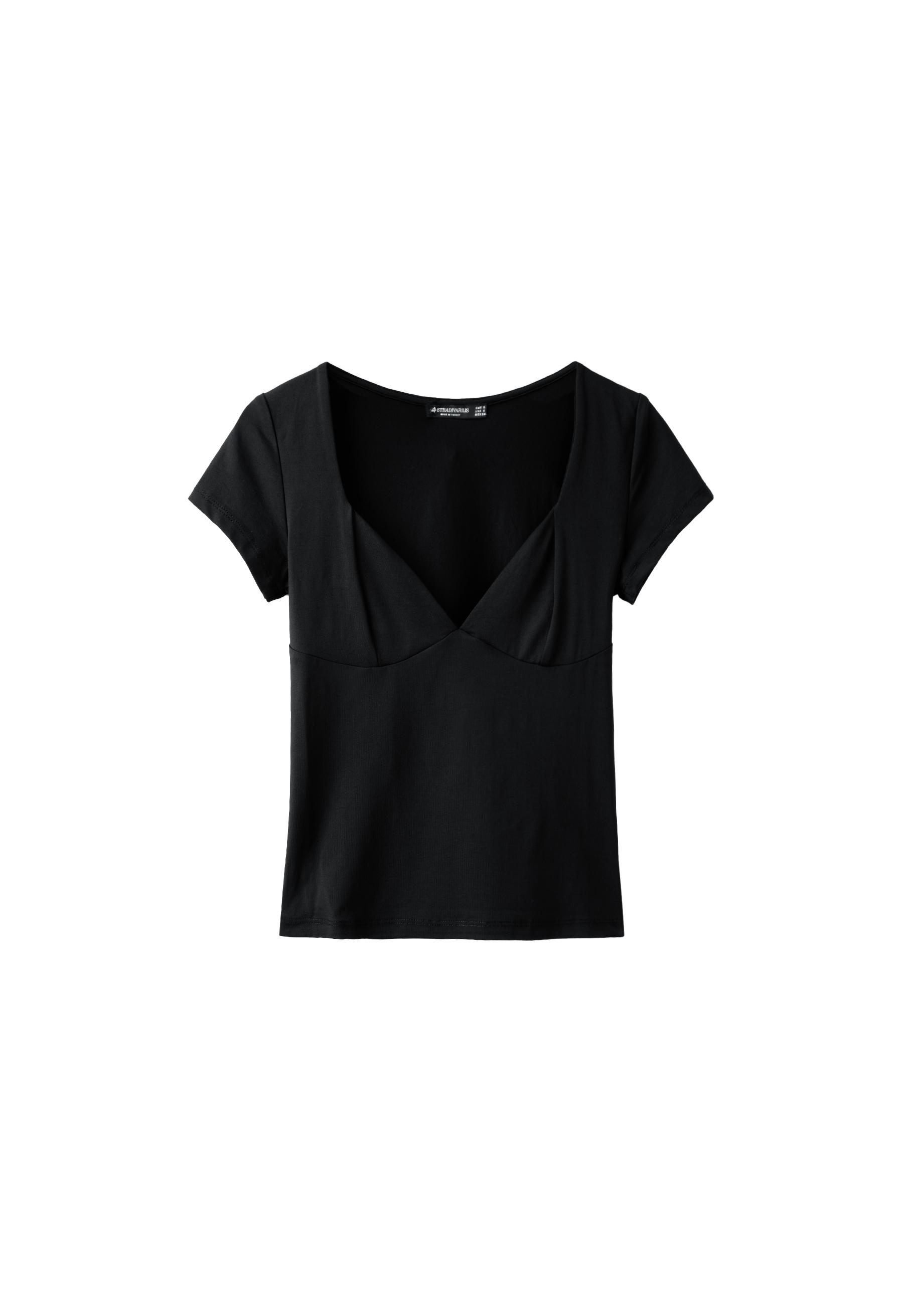Polyamide V-neck cap sleeve T-shirt — Black