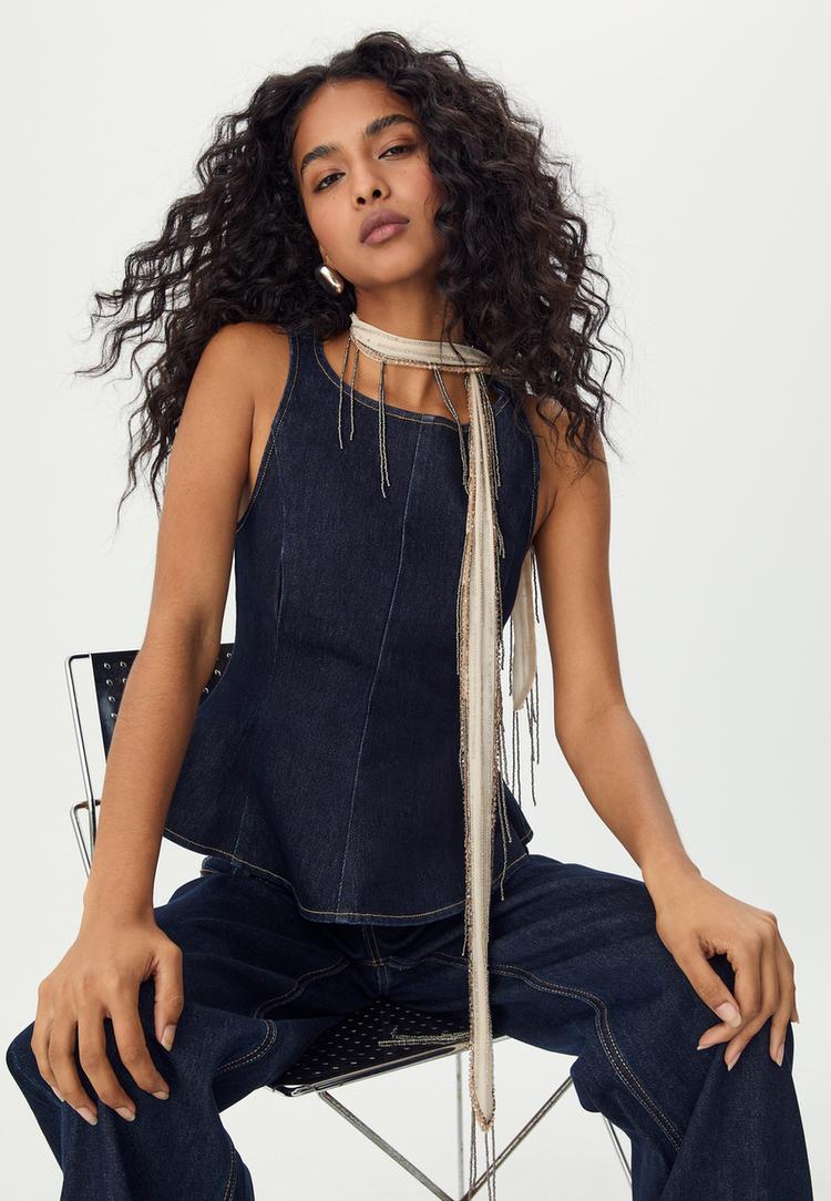 top denim peplum sin mangas