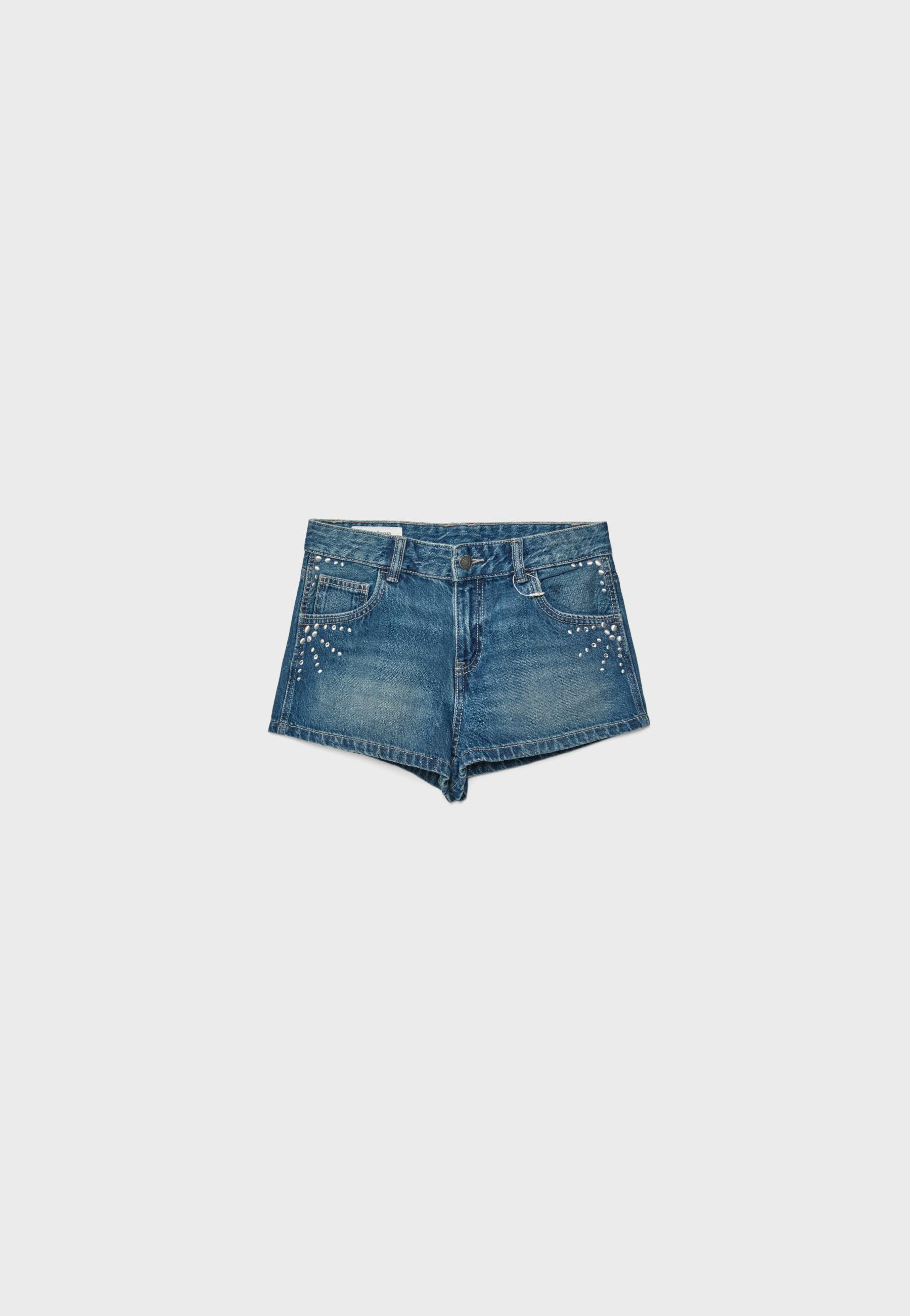 Mini denim shorts with studs — MEDIUM LIGHT BLUE DENIM
