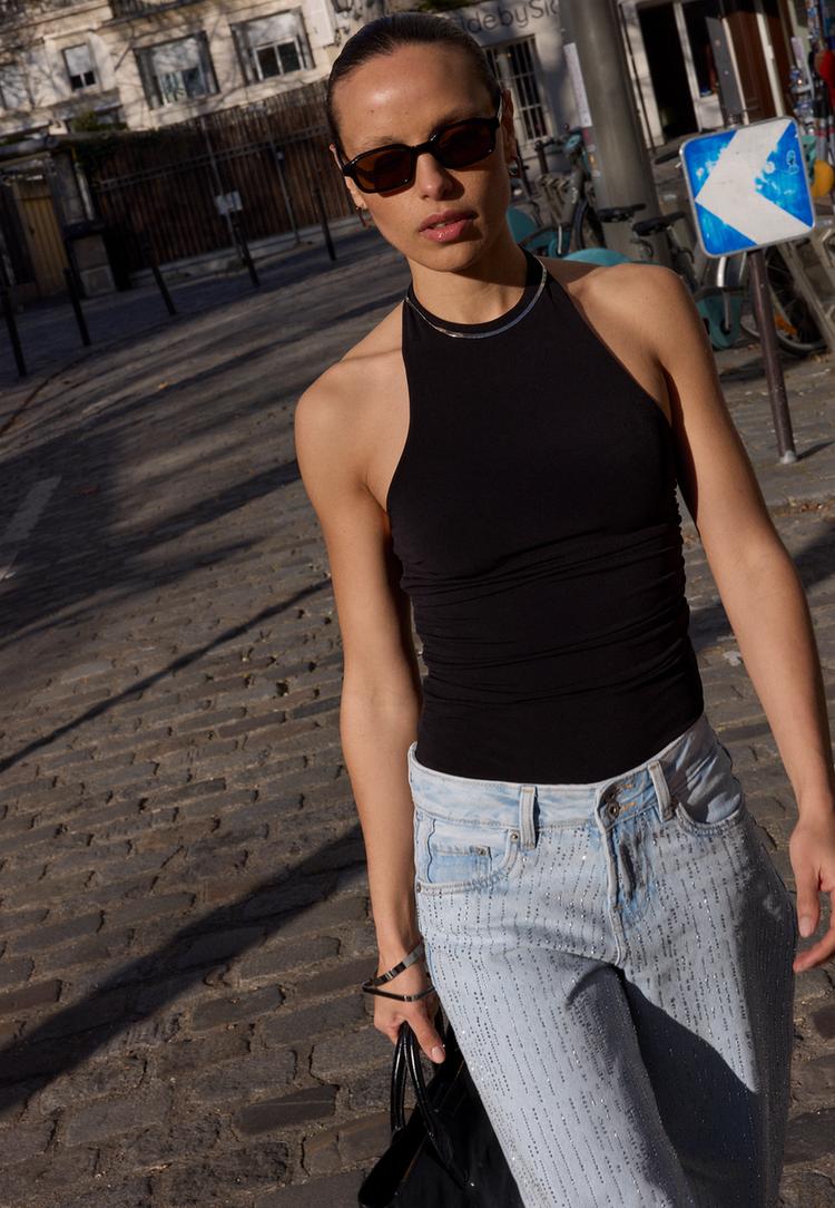 Stradivarius Κορμάκι Με Λαιμόκοψη Halter Μαύρο Xl