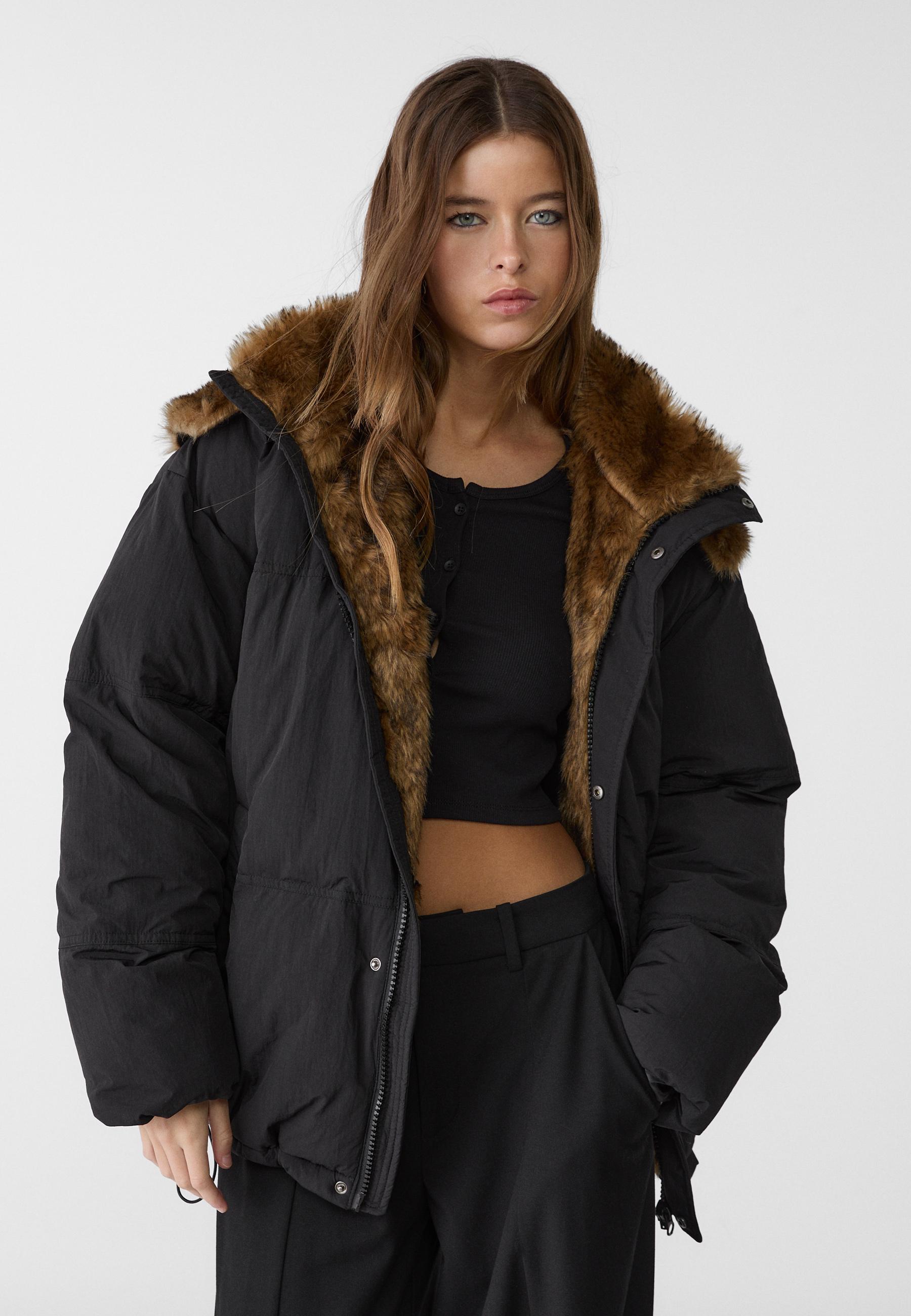 Puffer jacket with faux fur hood trim