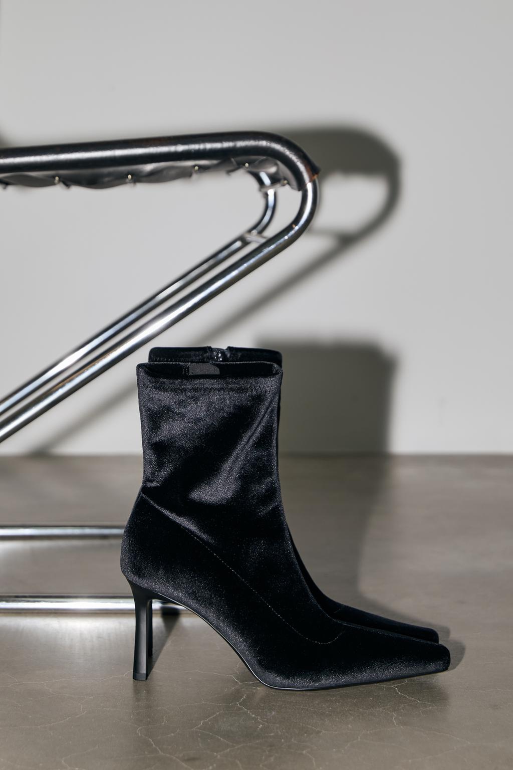 Velvet-effect ankle boots with stiletto heel