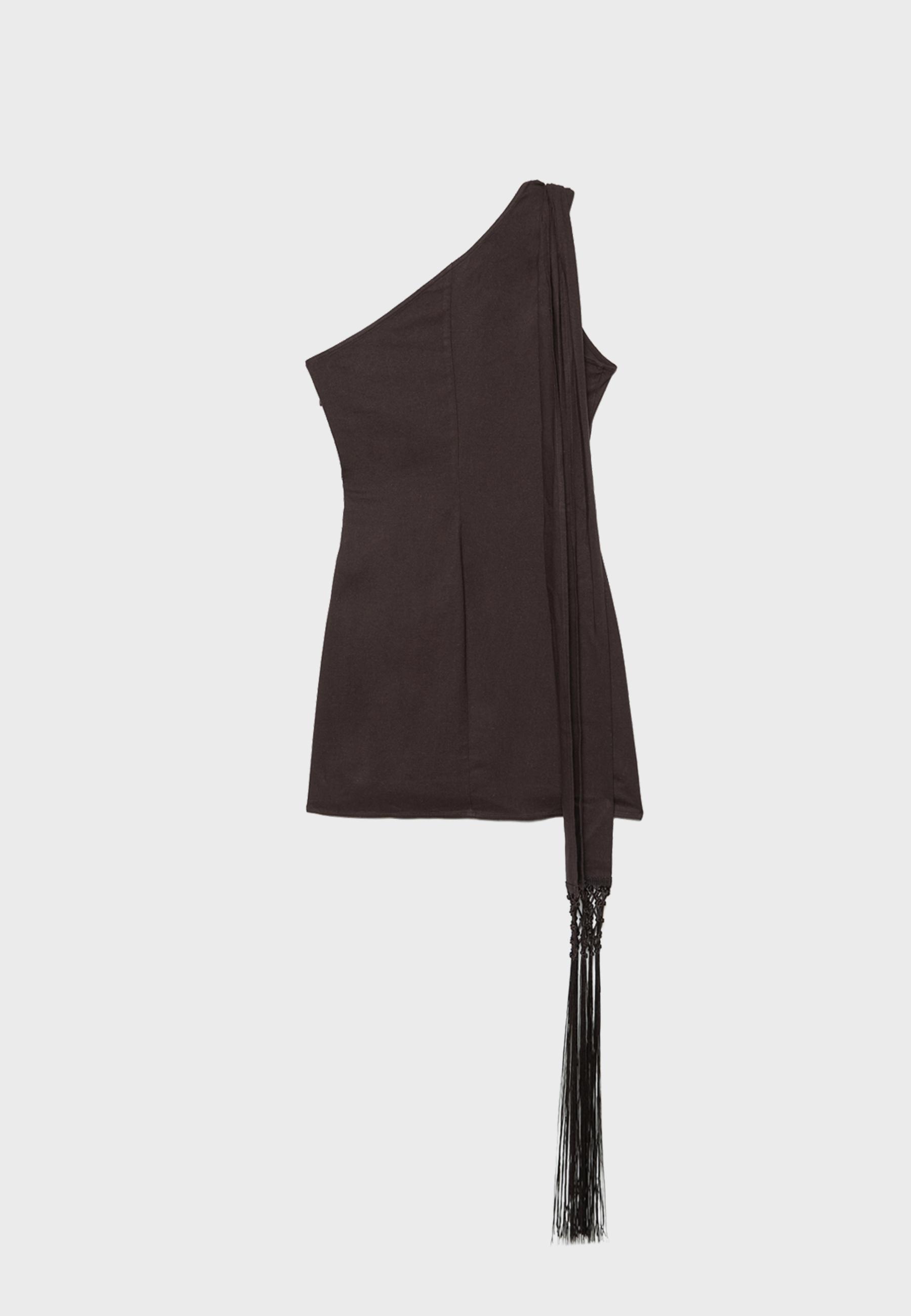 Short asymmetric dress with fringing — Brown