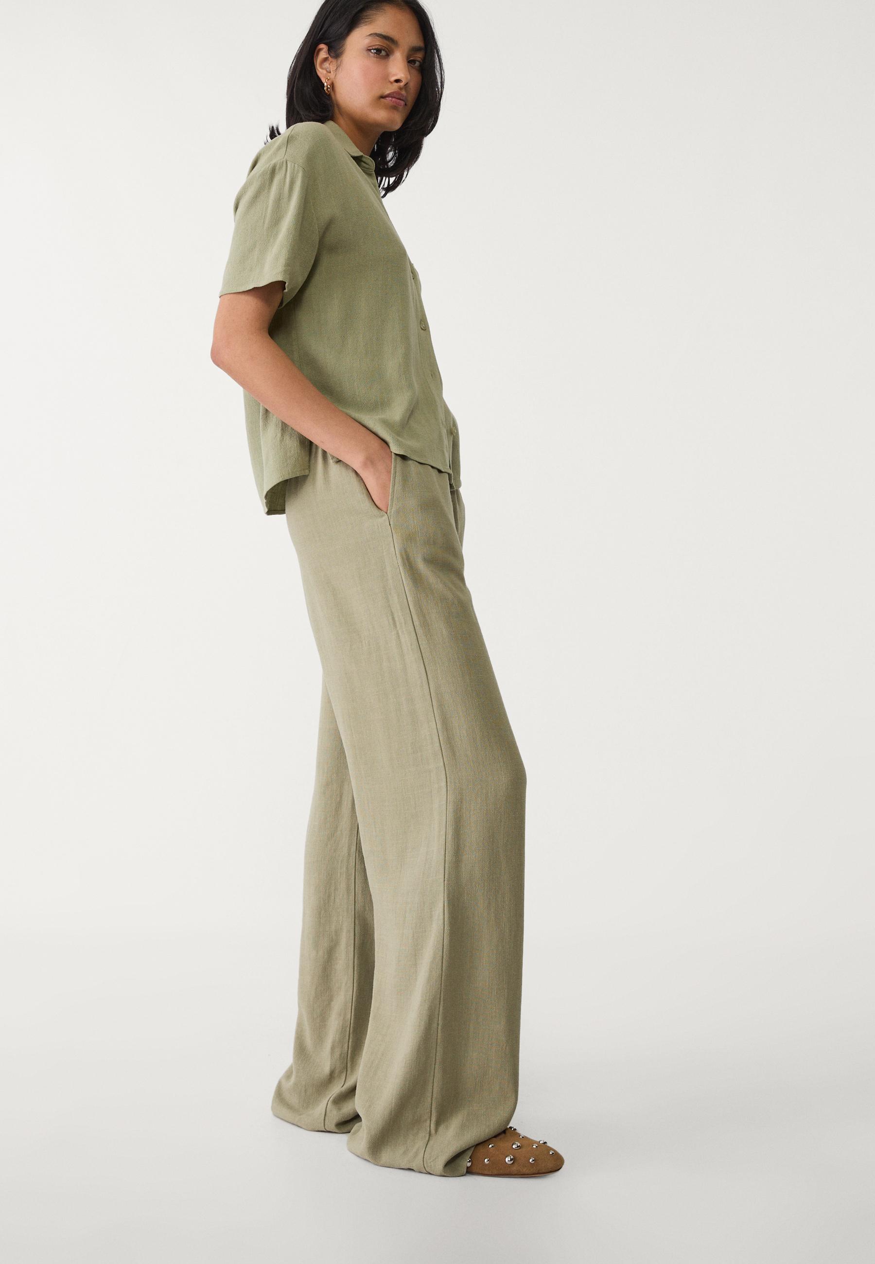 Straight-leg linen-look trousers — Khaki