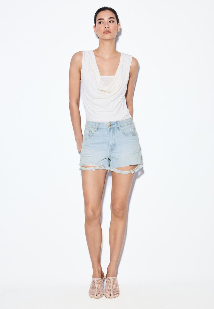 Stradivarius D75 Denim Σορτς Με Σκισίματα Μπλε Ντένιμ 44