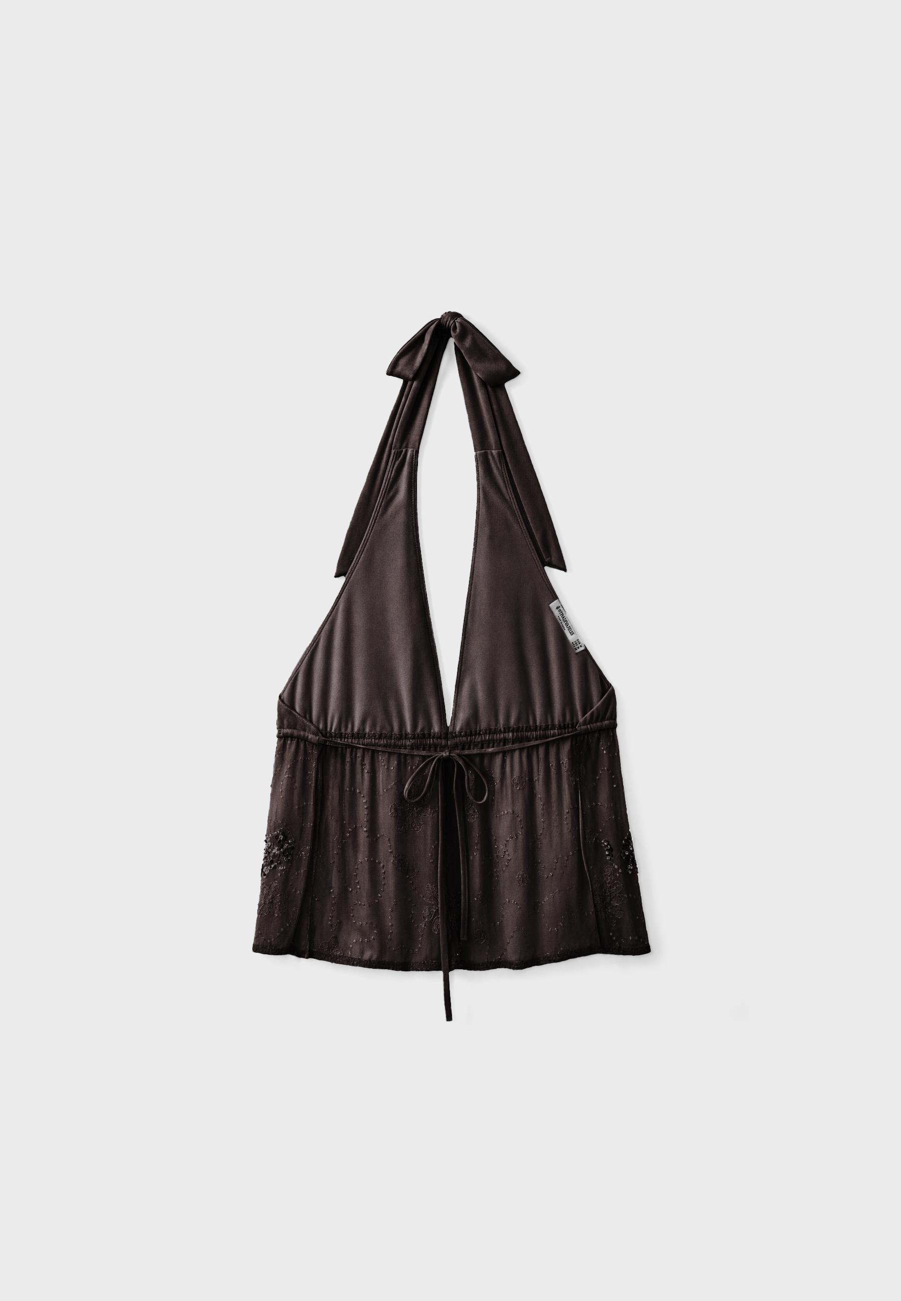 Embroidered halter top with rhinestones — Brown
