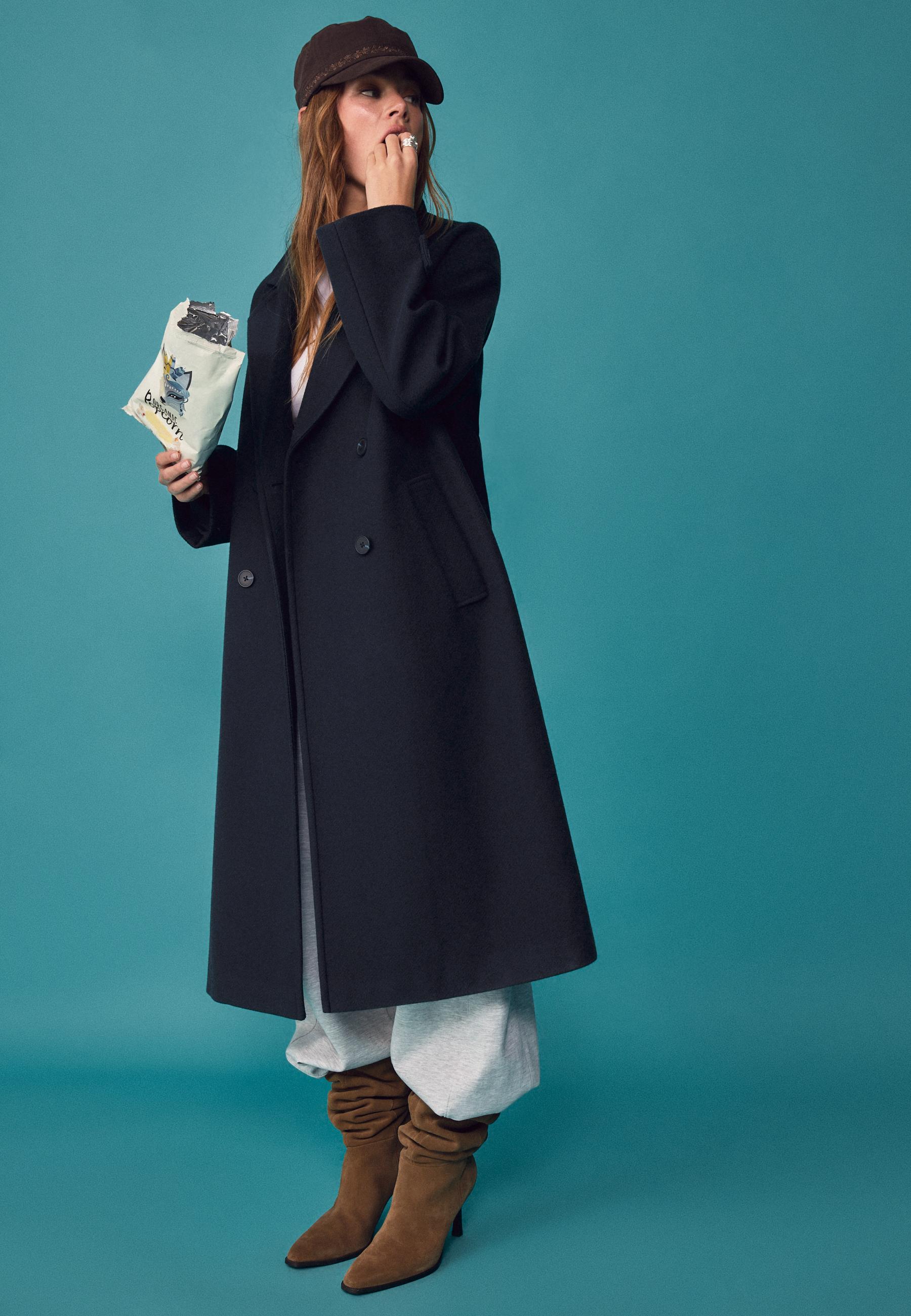 Long soft-touch oversize coat — Navy blue