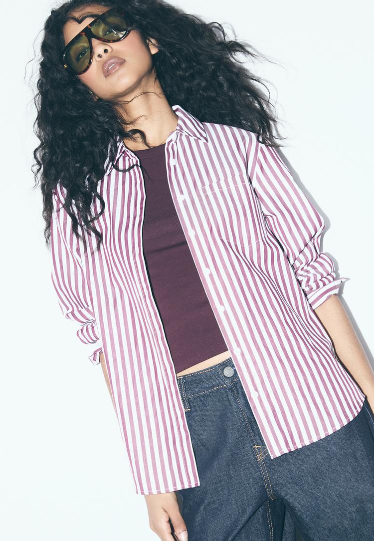 basic cizgili poplin cepli gomlek