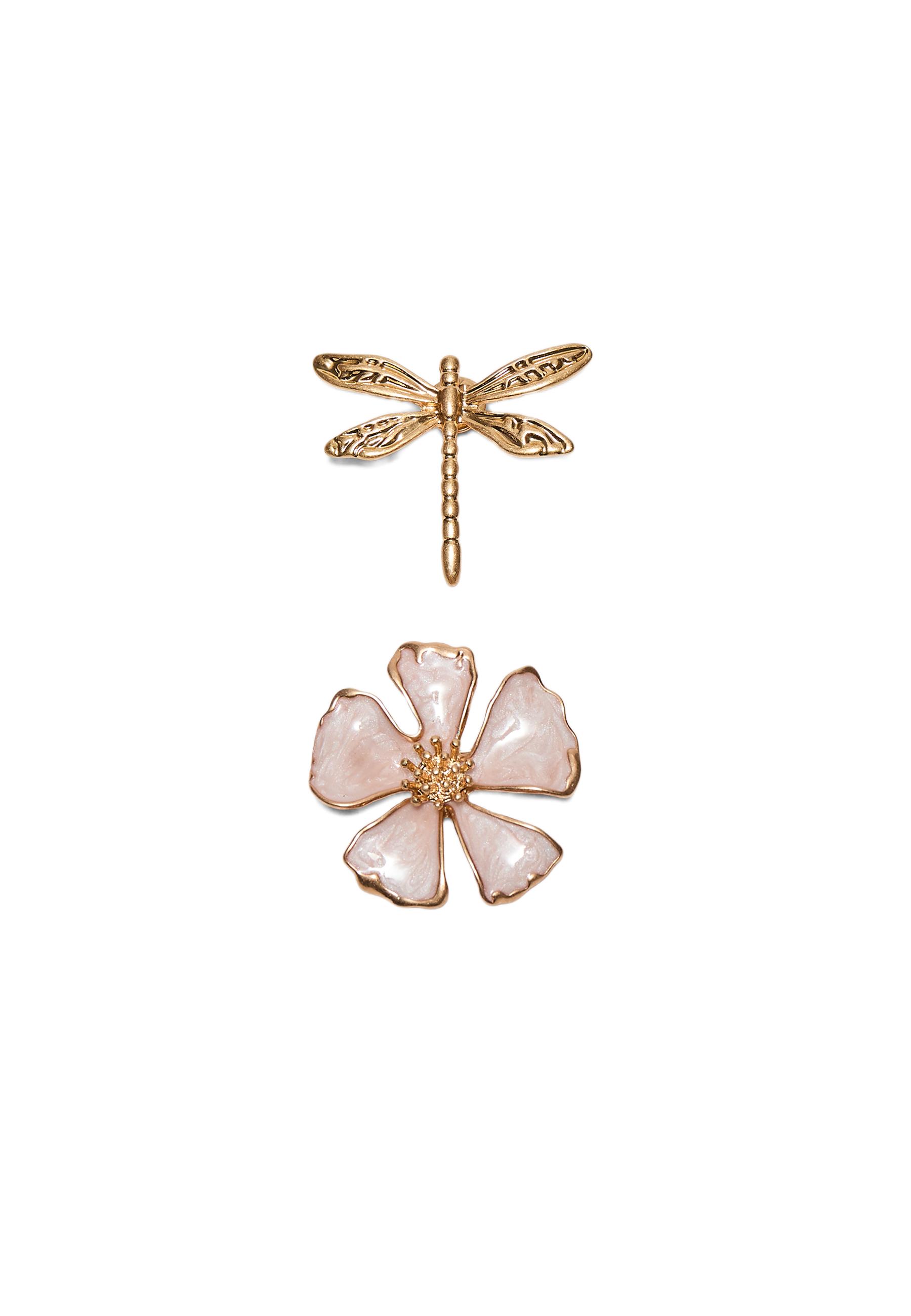 Set of 2 dragonfly and flower brooches — Gold