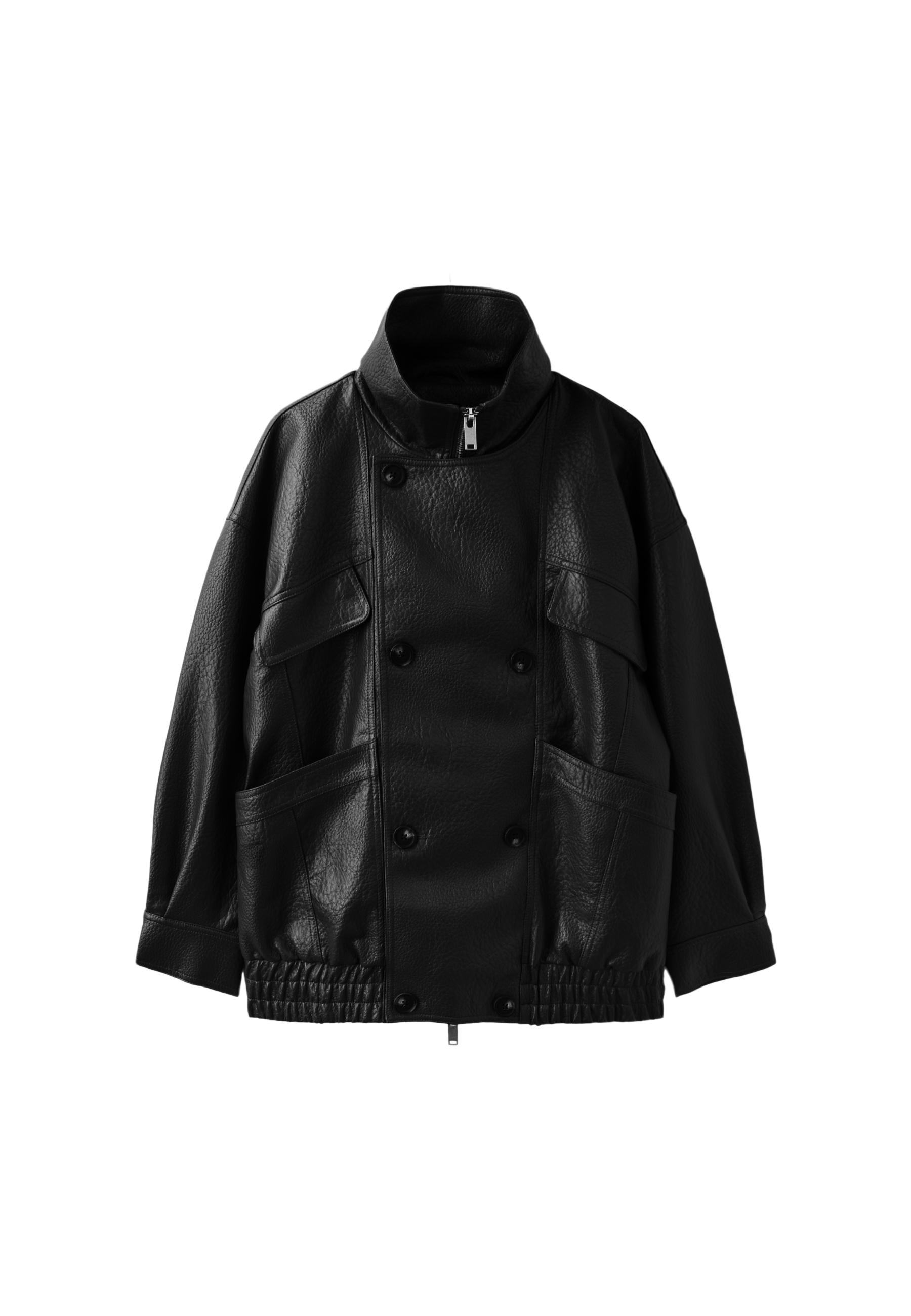 Oversized leather effect button-up jacket — Black