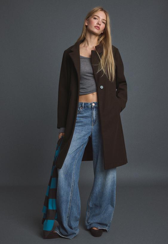 Stradivarius Βασικό Παλτό Με Απαλή Υφή Καφέ M
