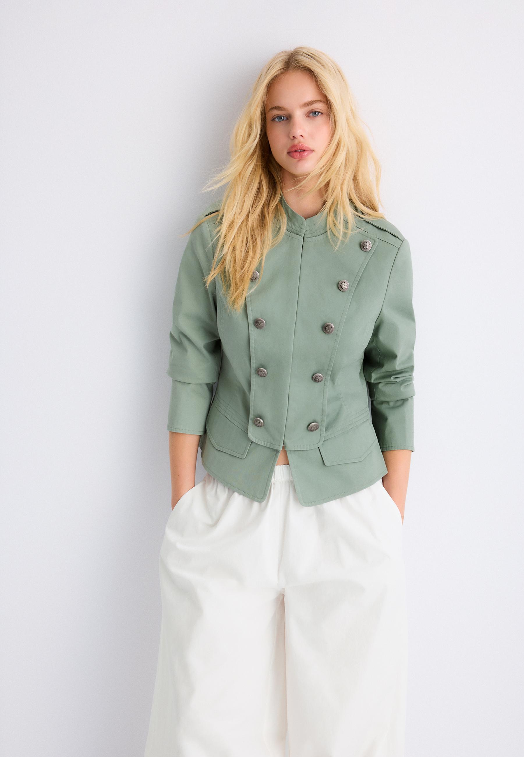 Stand collar buttoned blazer — Khaki