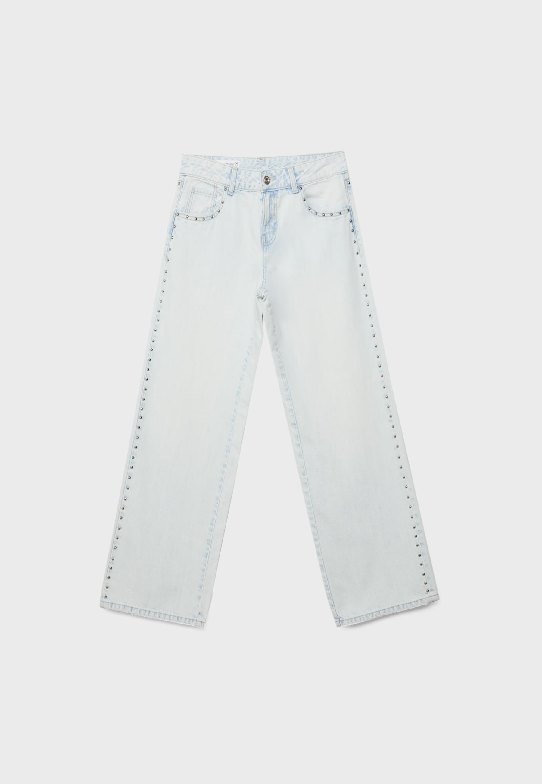 Wide-leg loose studded jeans — MEDIUM LIGHT BLUE DENIM