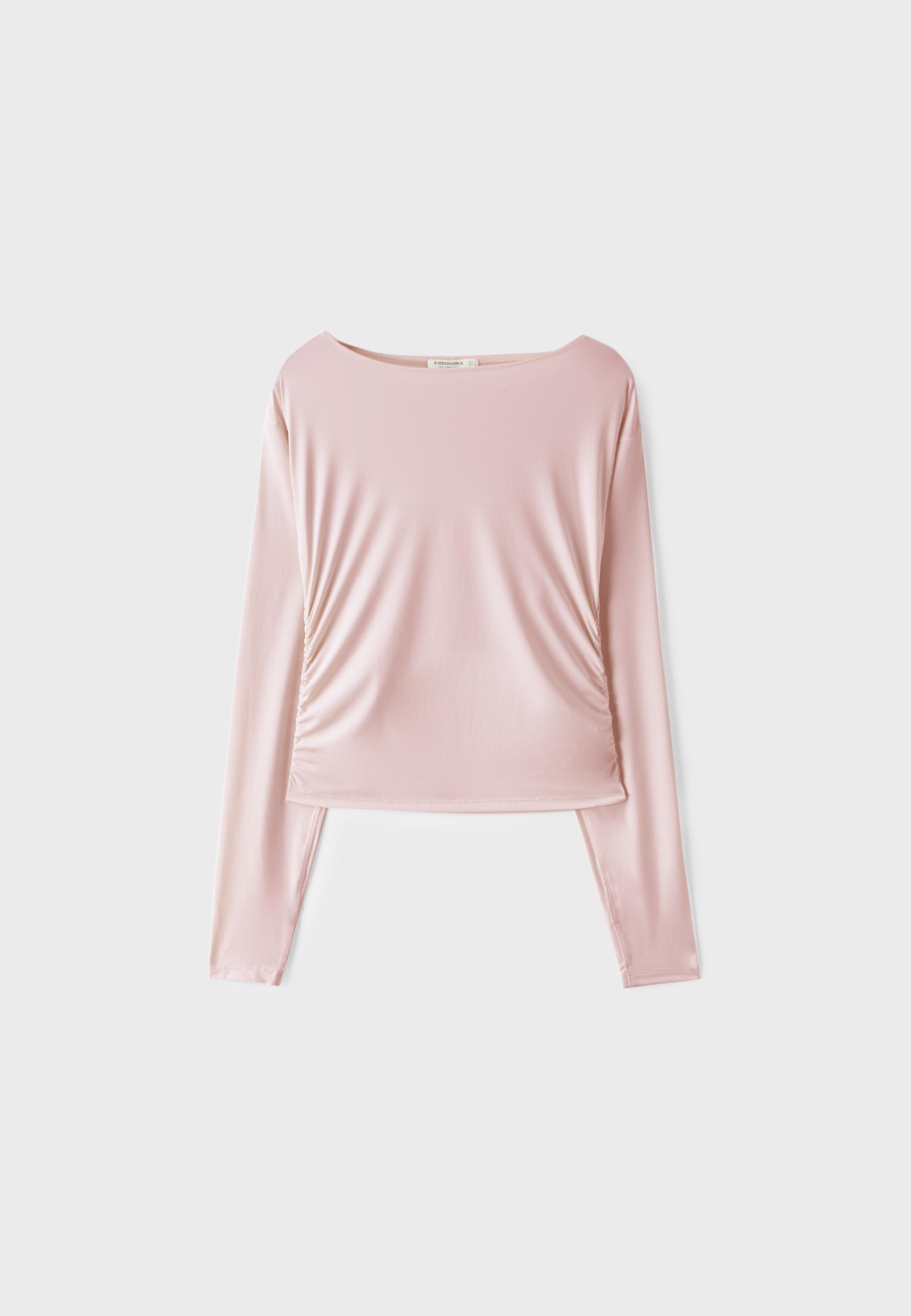 Long sleeve gathered polyamide T-shirt — Pastel pink