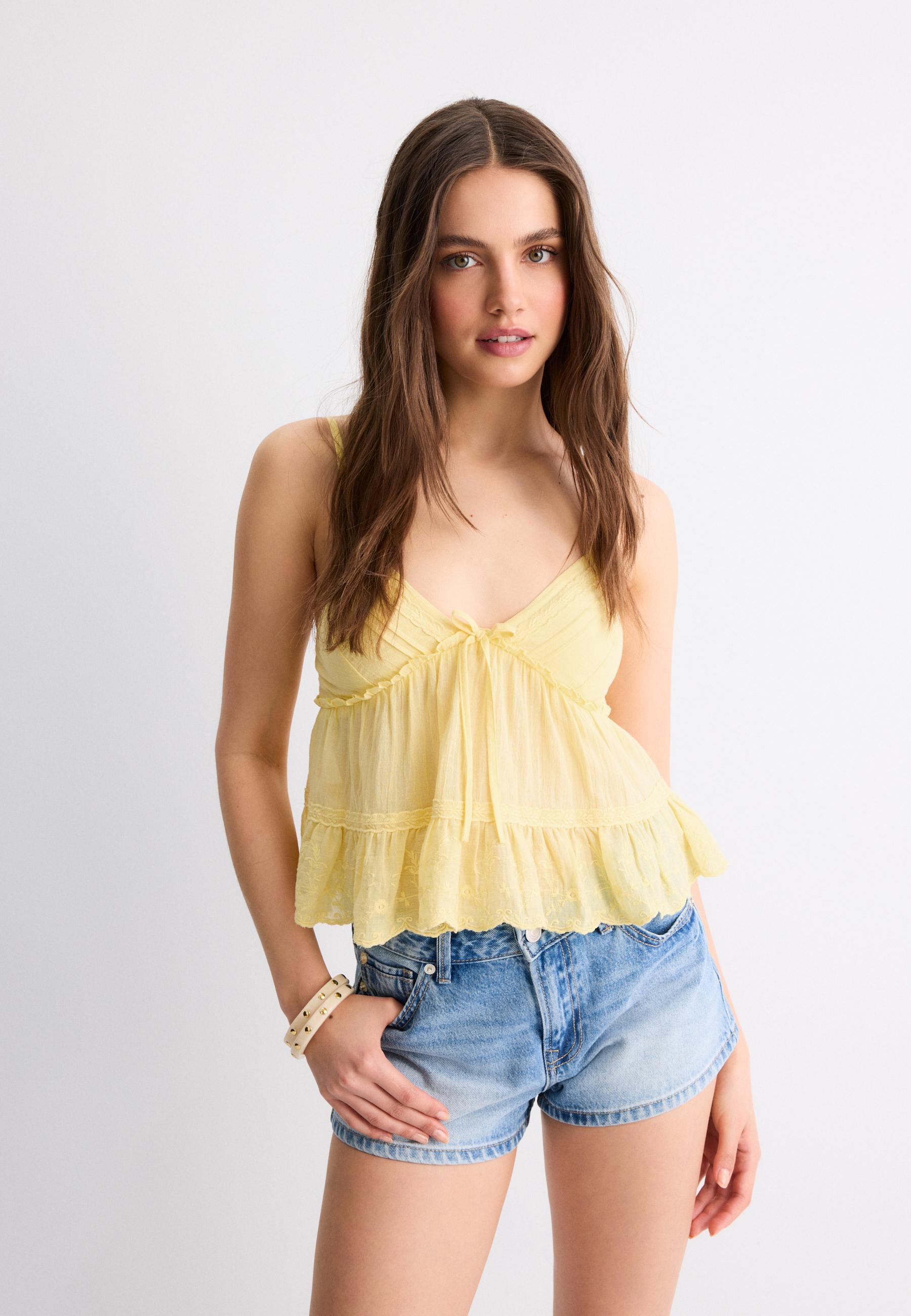 Embroidered flowing strappy top — Gold