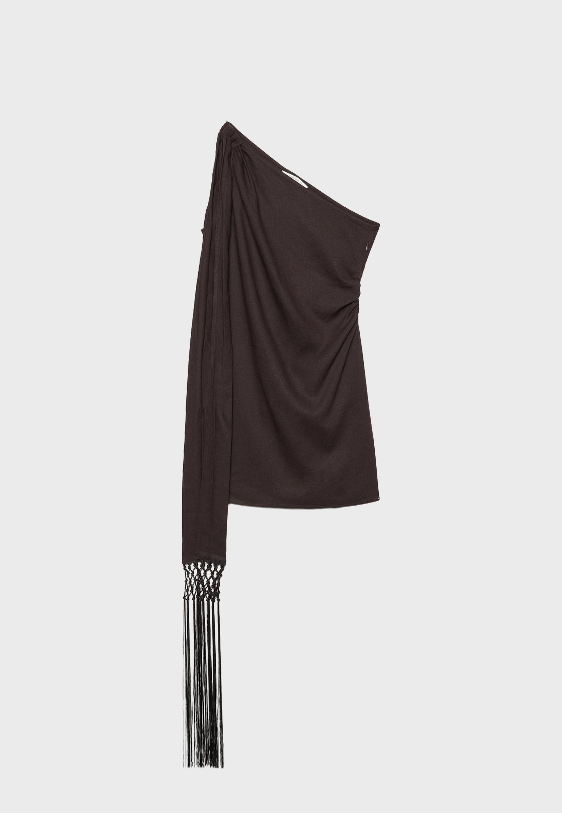 Short asymmetric dress with fringing — Brown