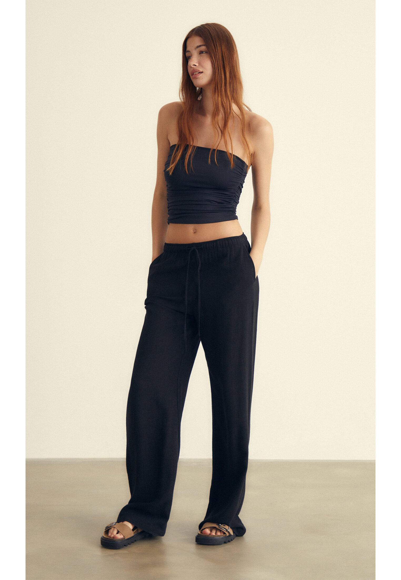Straight-leg linen-look trousers — Black