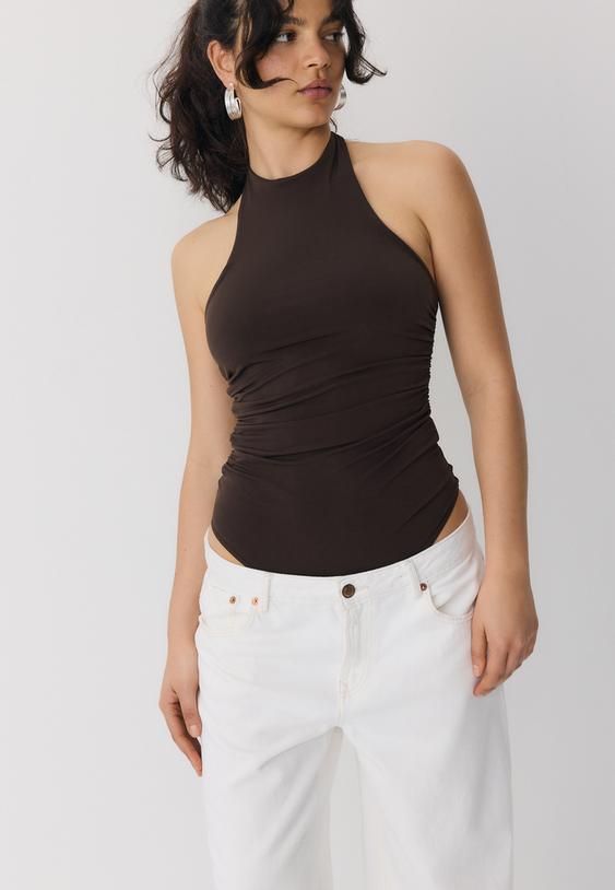 Stradivarius Halter Neck Bodysuit Brown Xl