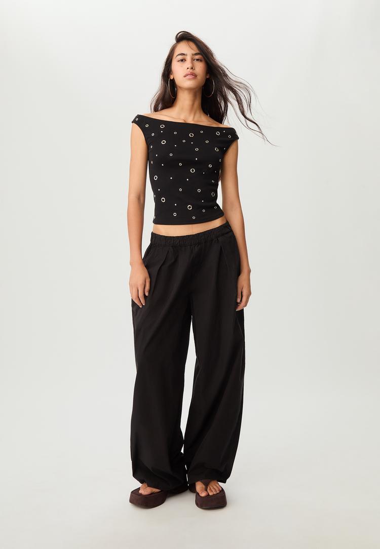 Stradivarius Tricou Cu Ochiuri Negru Xl