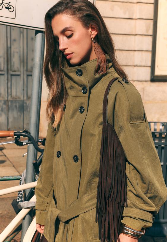 Stradivarius Short High Neck Trench Coat Khaki M