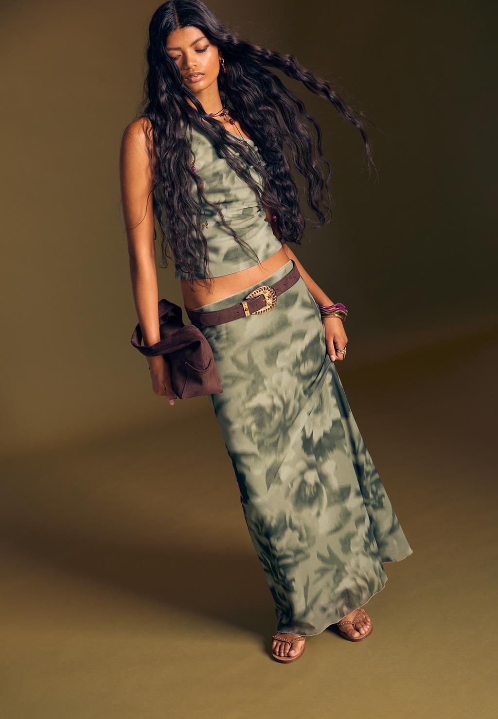 Printed tulle midi skirt