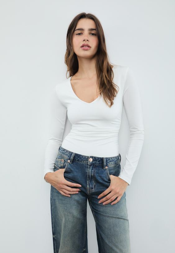 Stradivarius Gathered Polyamide Bodysuit With V-Neckline Ecru S