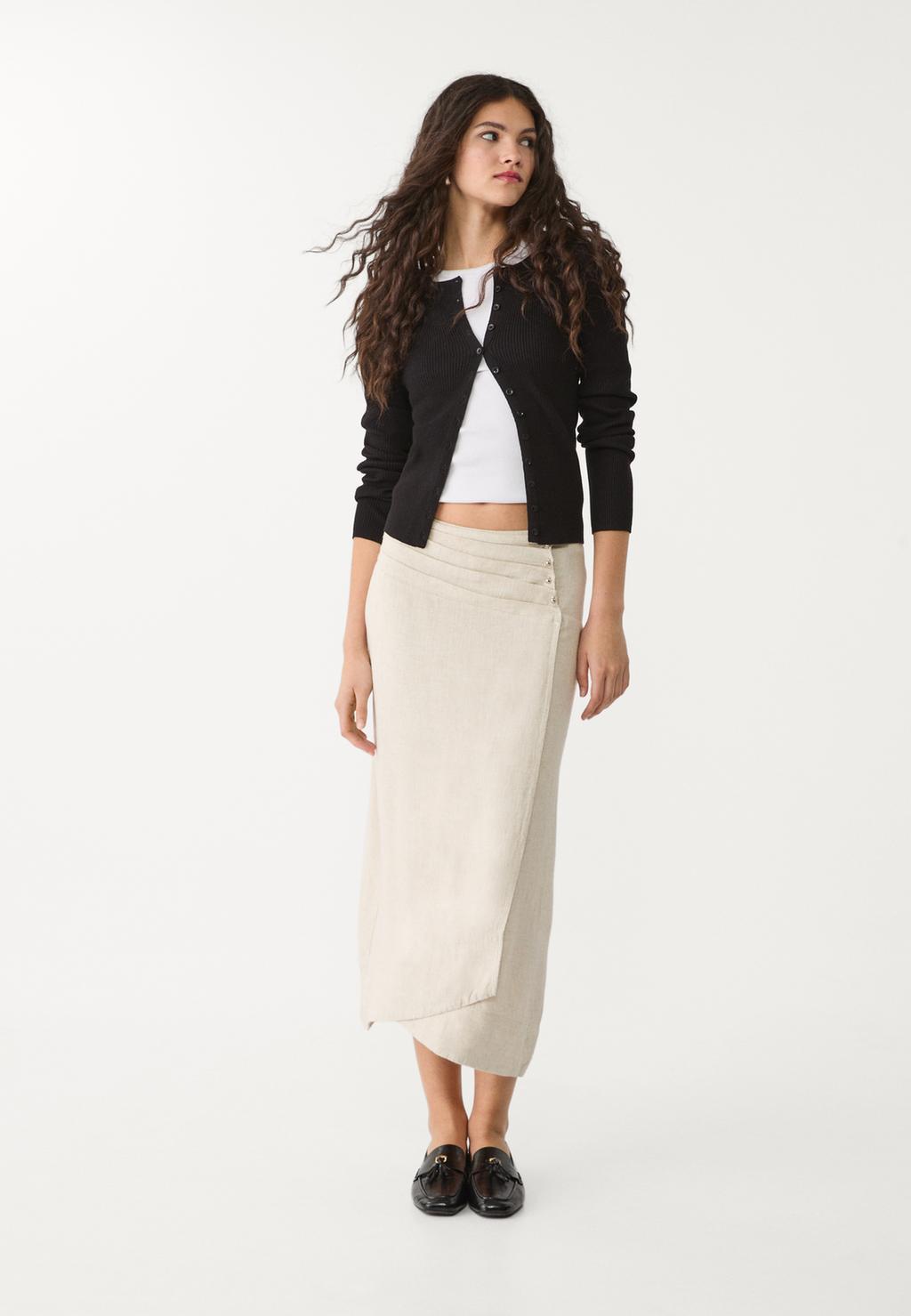 Pleated linen blend midi skirt