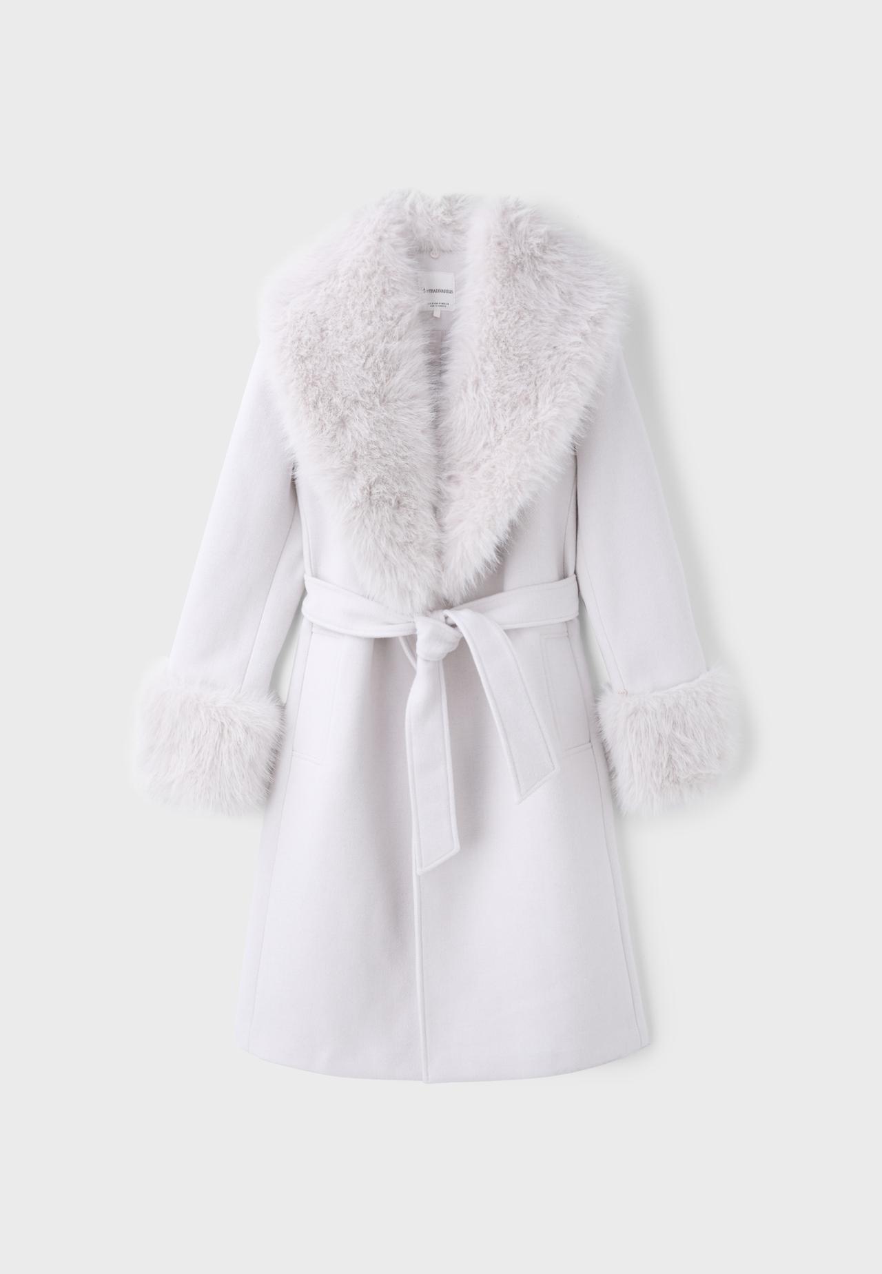 Wool-blend faux fur collar coat — Ecru