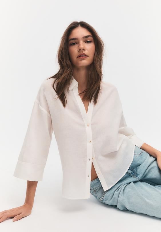 Stradivarius Chemise Manches Kimono Effet Lin Blanc M