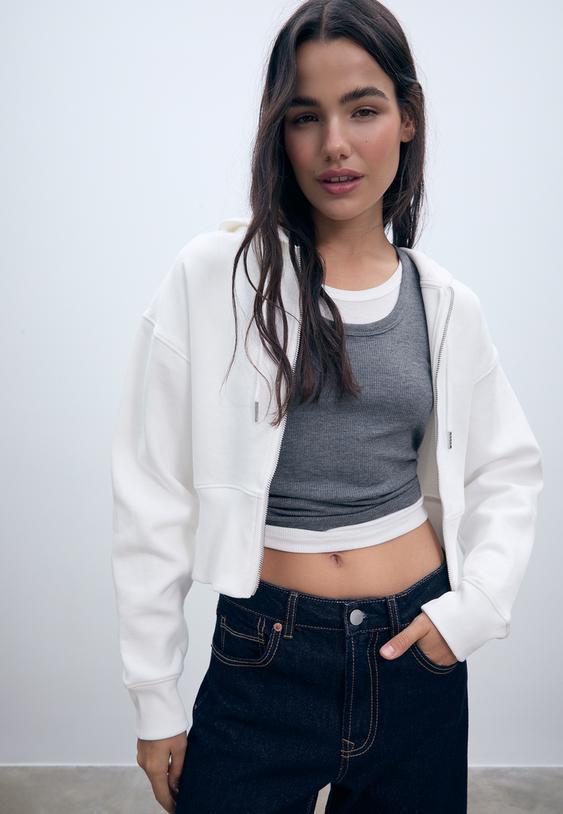 Stradivarius Hanorac Cu Glugă Și Fermoar Ecru M