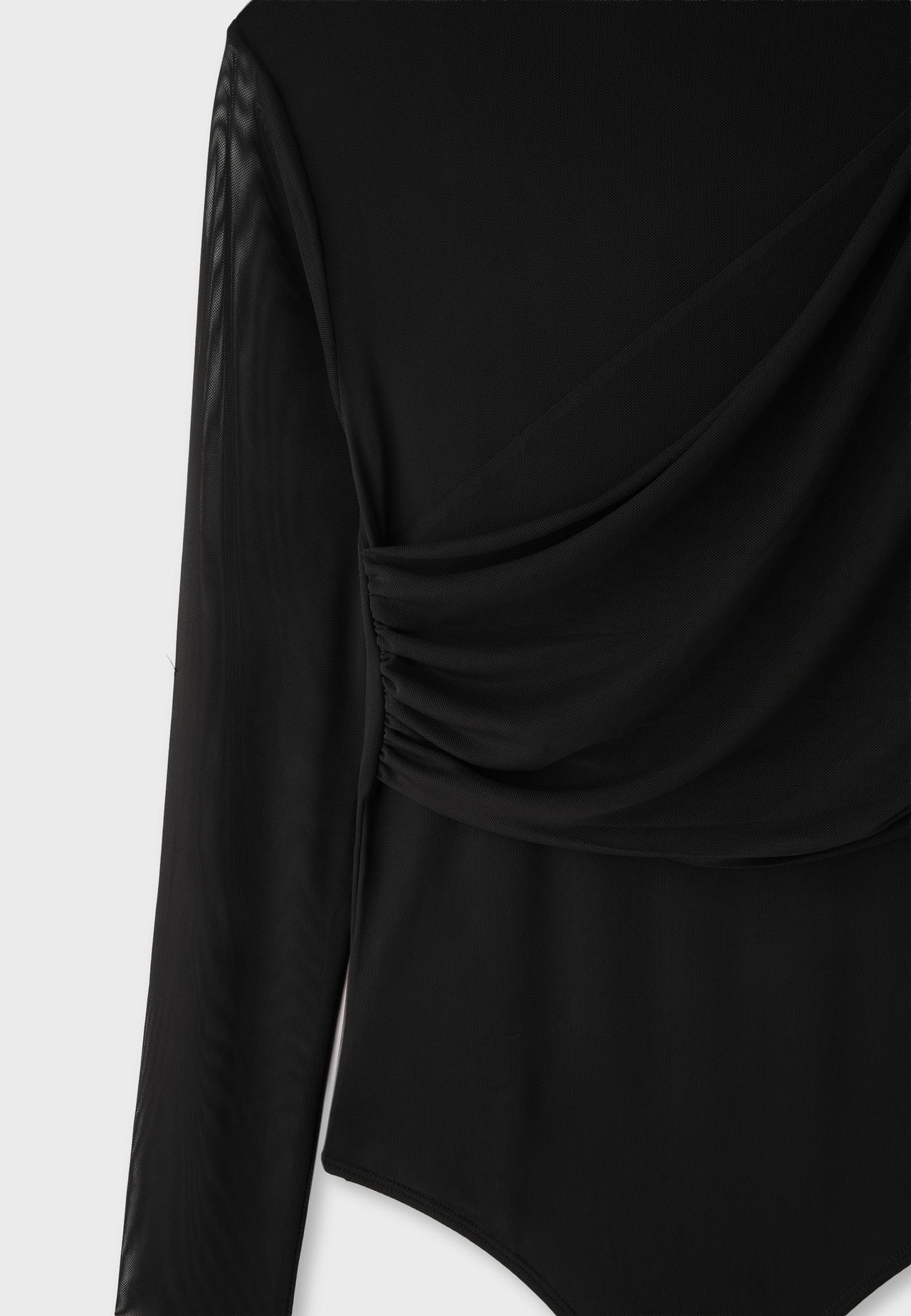 Long sleeve mesh draped bodysuit — Black