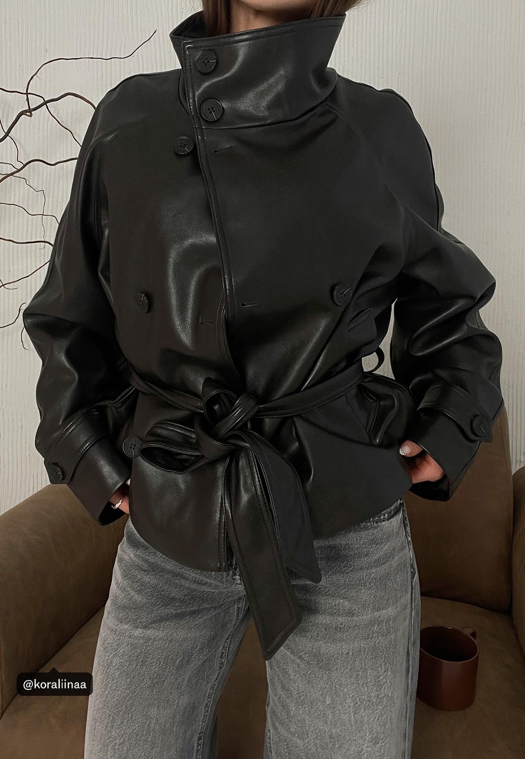High neck leather effect trench coat — Brown