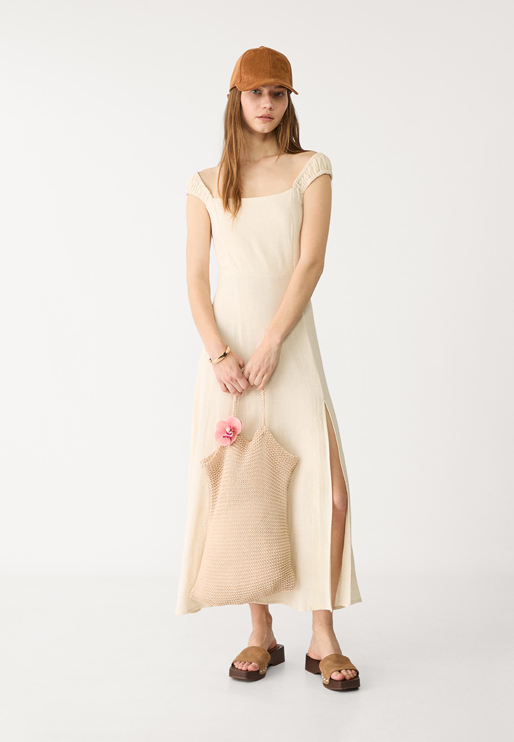 Flowing linen blend maxi dress with crossed back - Women's