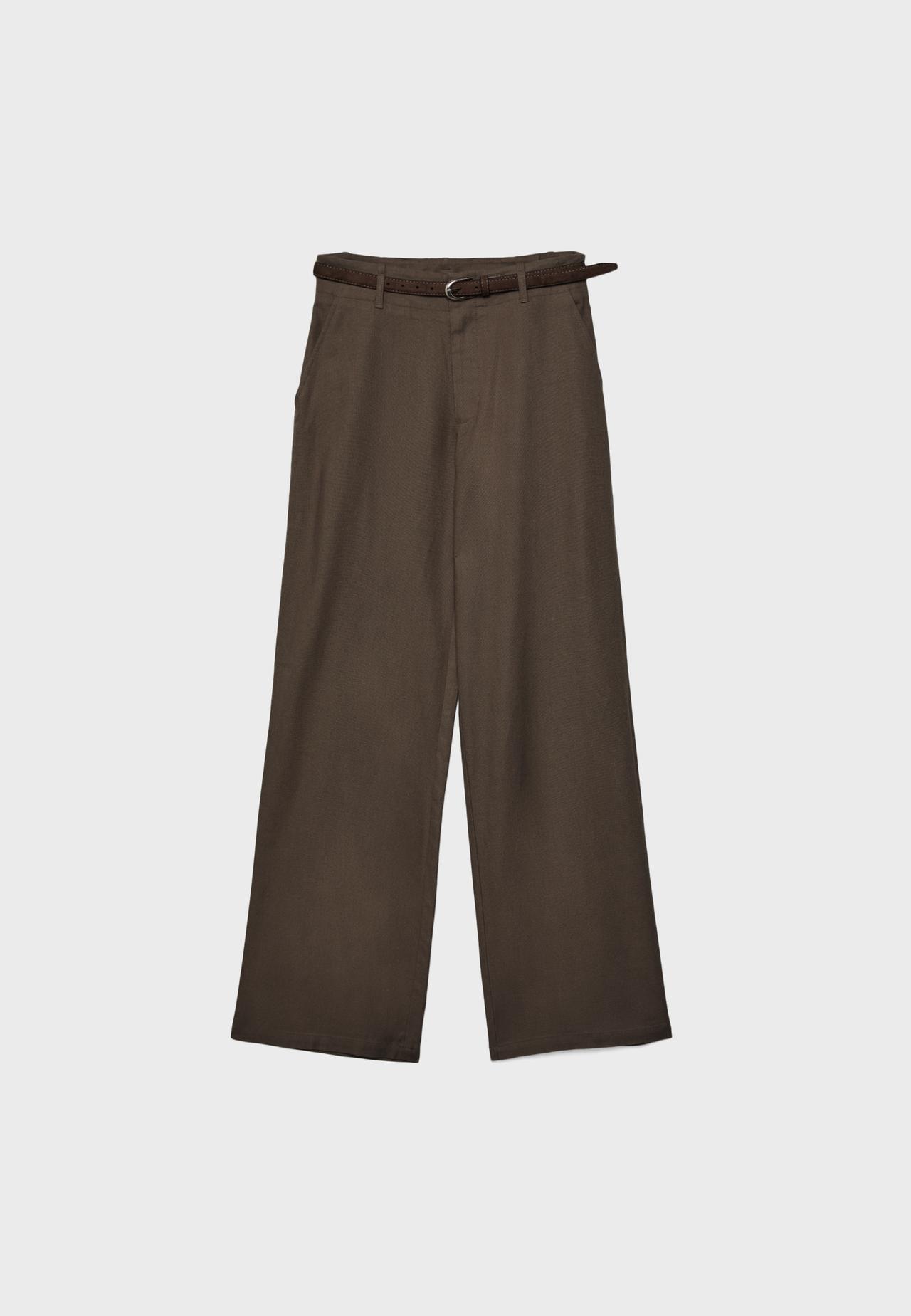 Straight-leg linen-effect trousers with belt — Brown