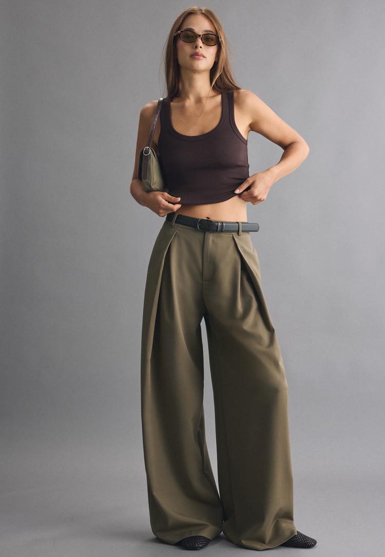 pantalon wide leg a pinces avec ceinture