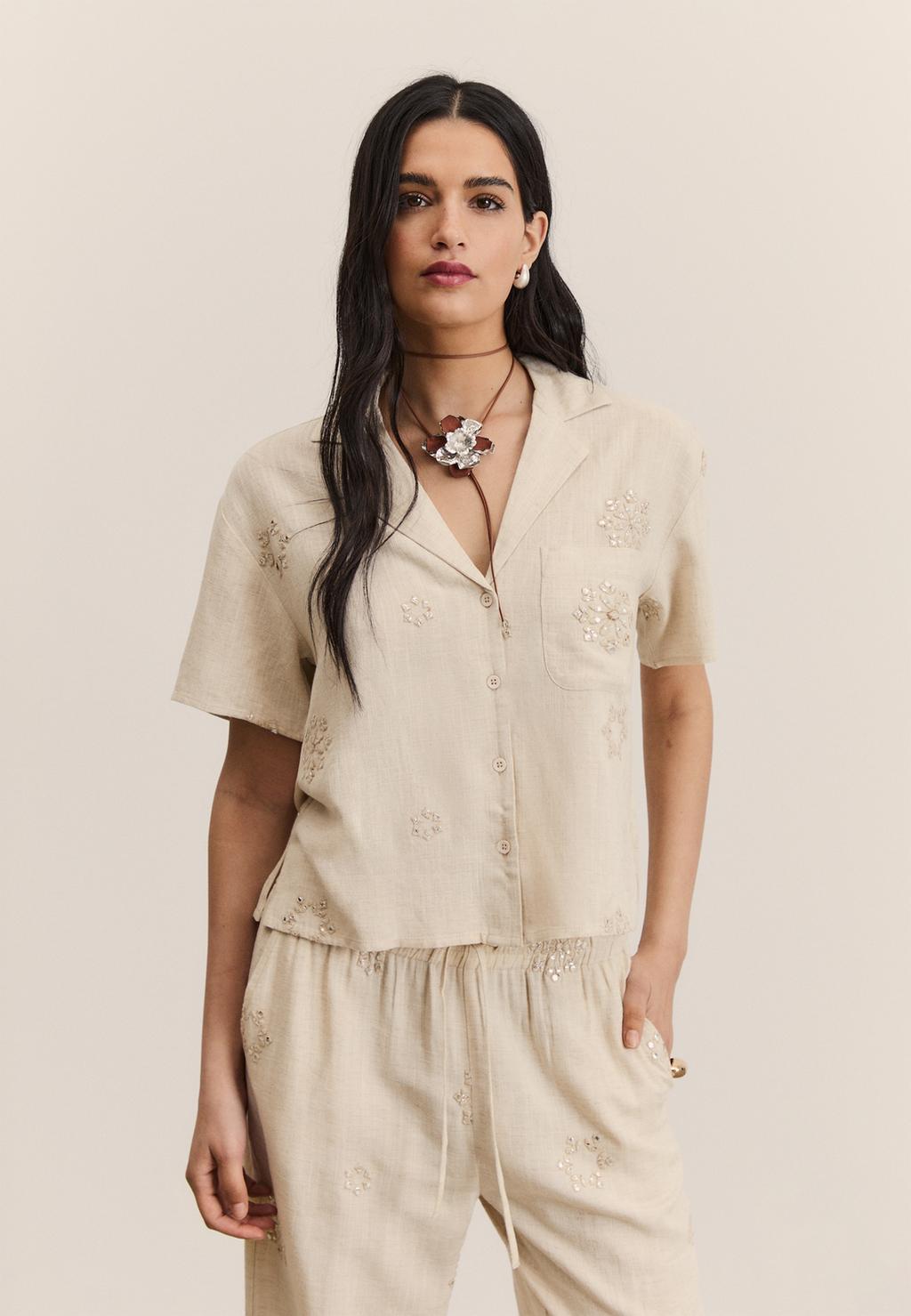 Embroidered linen blend shirt