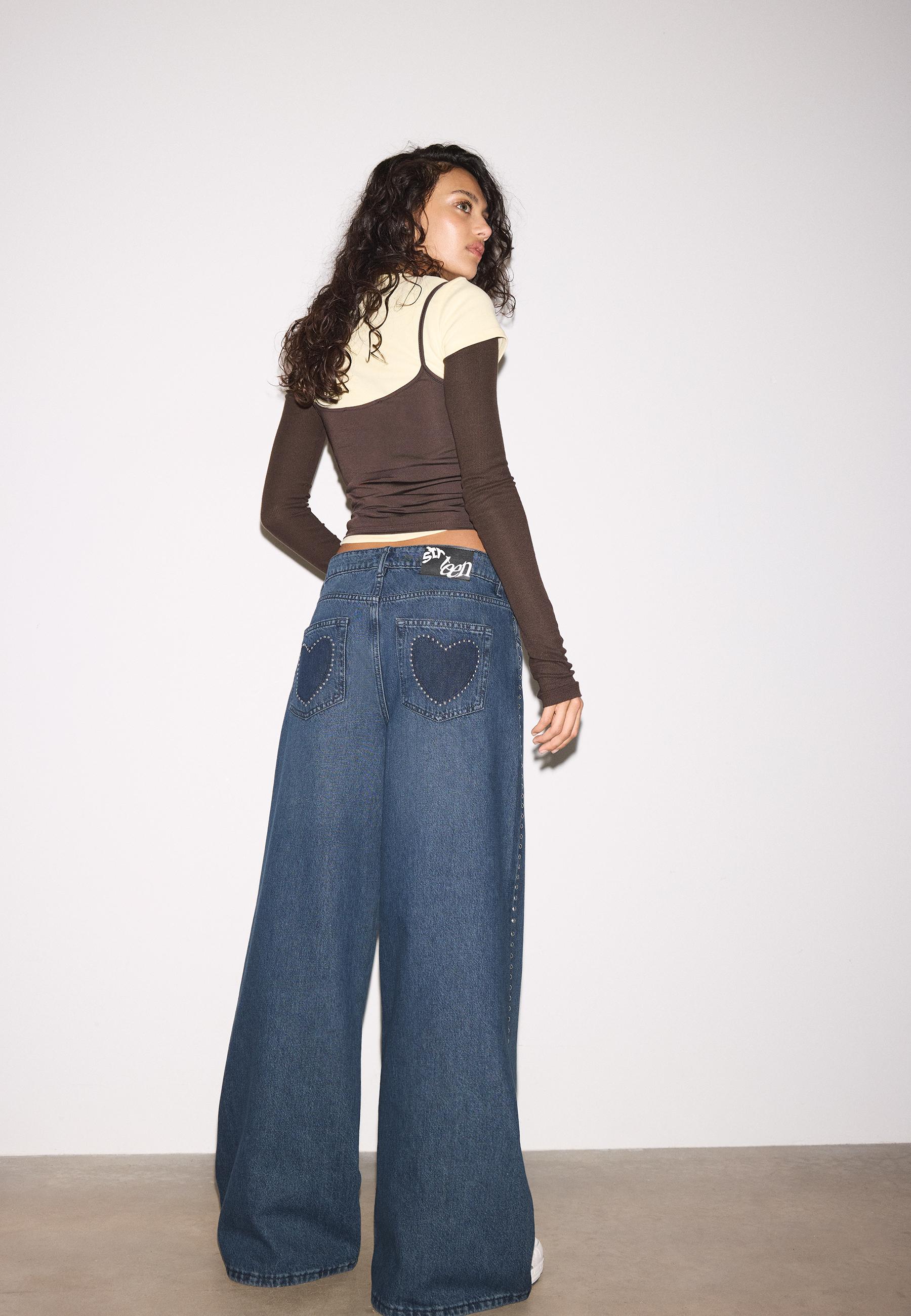 Wide-leg jeans with heart studs — BLACK DENIM WASHED EFFECT