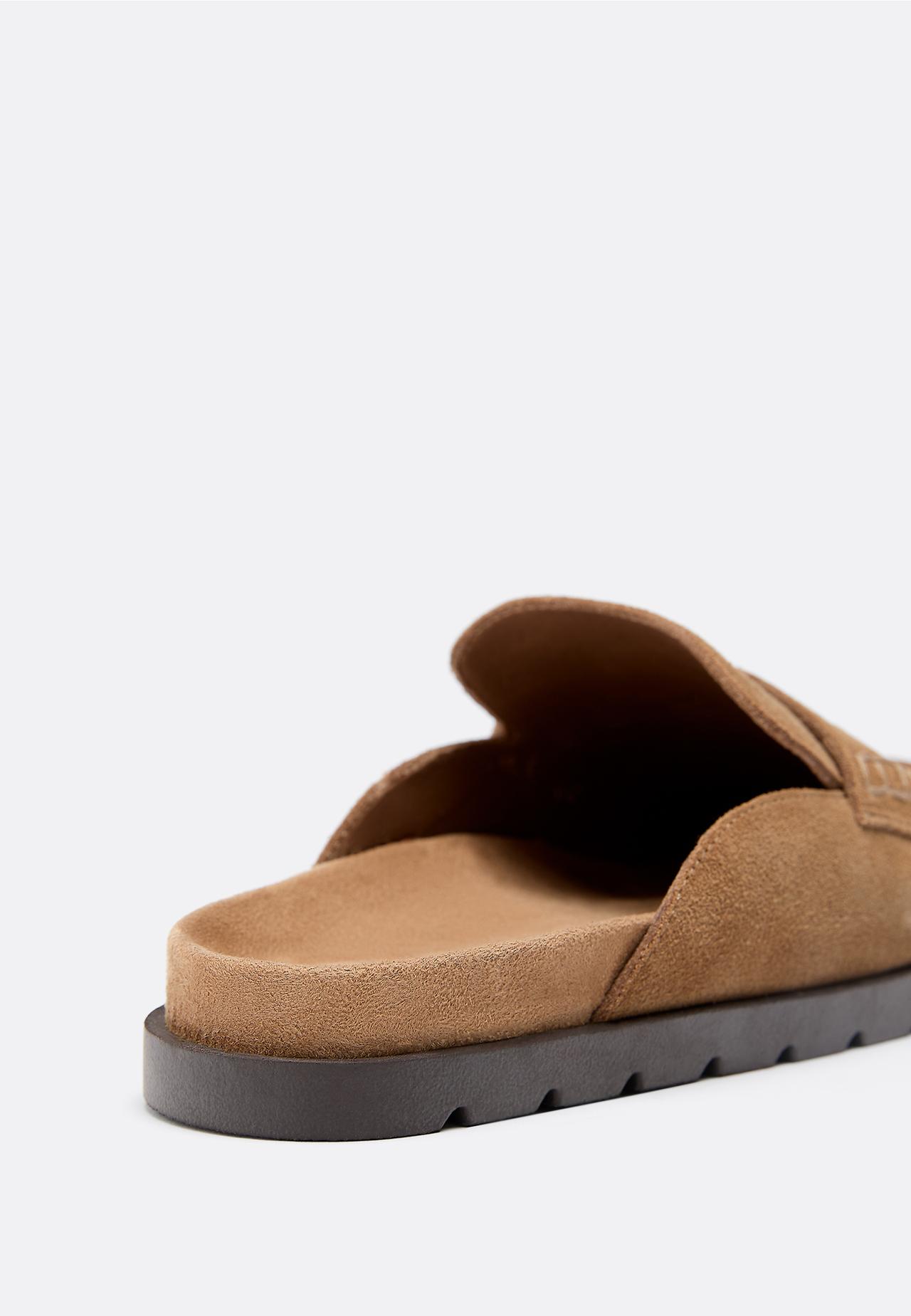 Leather moccasin backless clogs — BEIGE