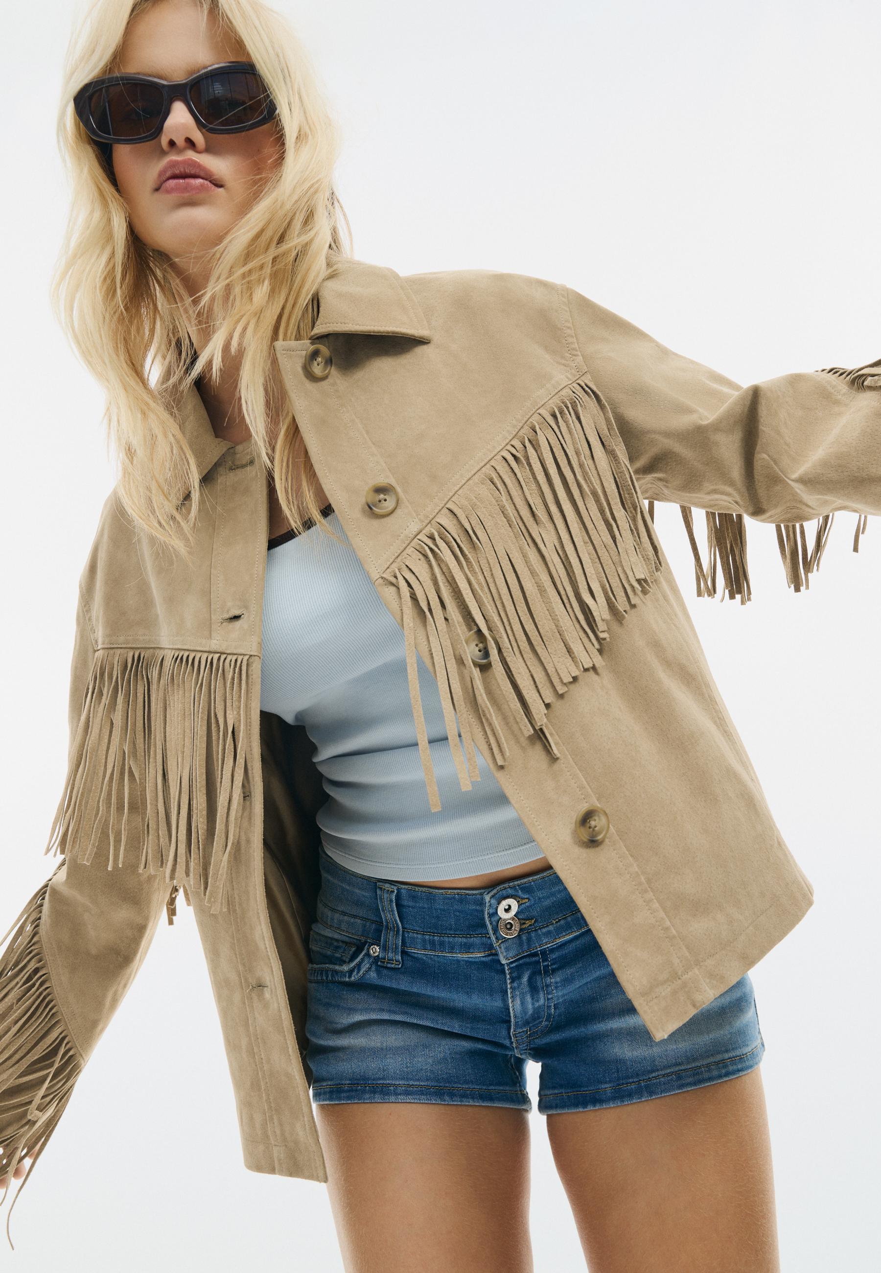 Fringed leather jacket — Stone