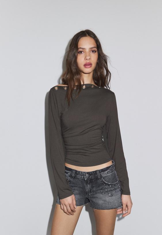 Stradivarius Asymmetric T-Shirt With Eyelets Brown M
