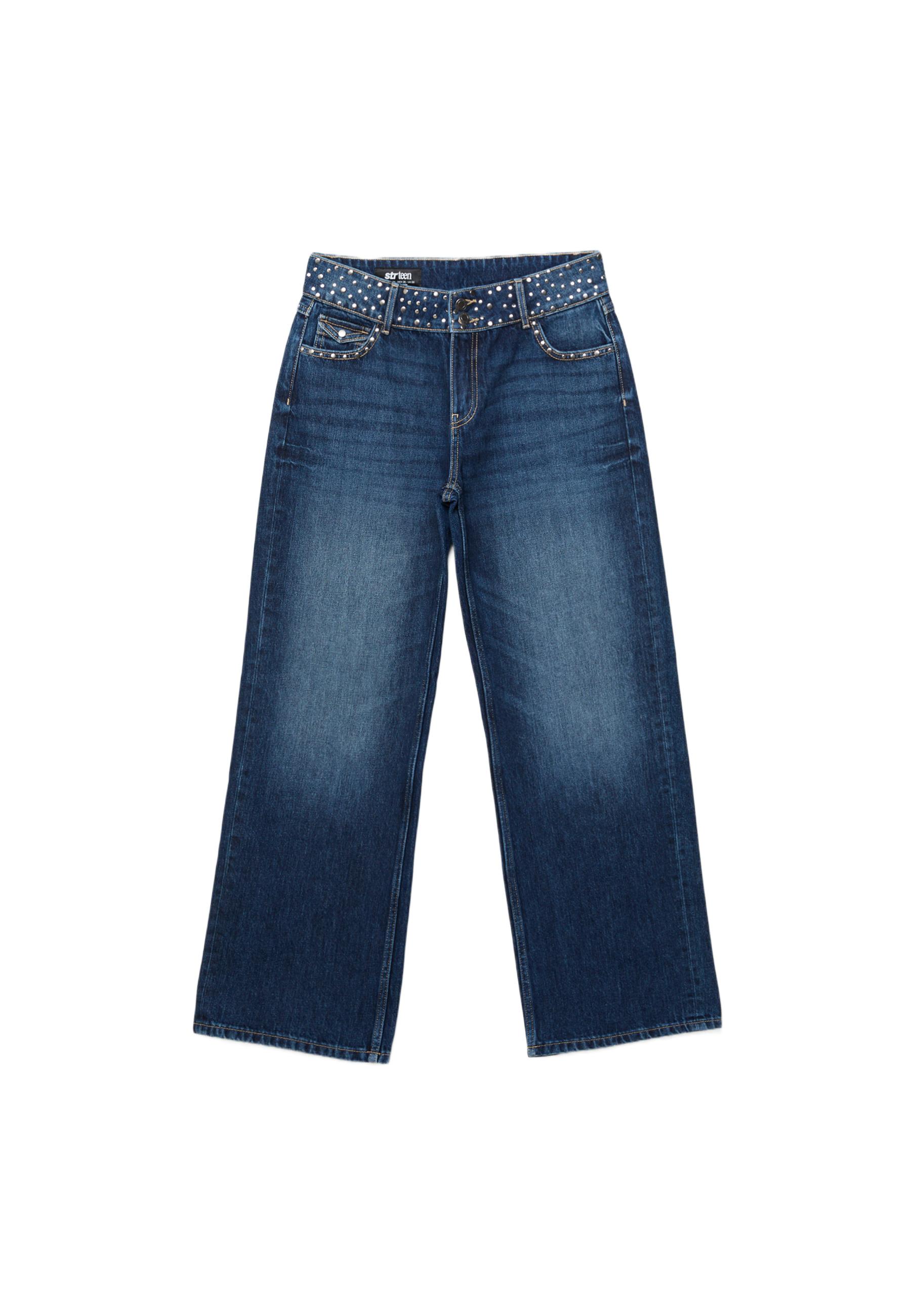 Straight jeans with studded waistband — BLACK DENIM WASHED EFFECT