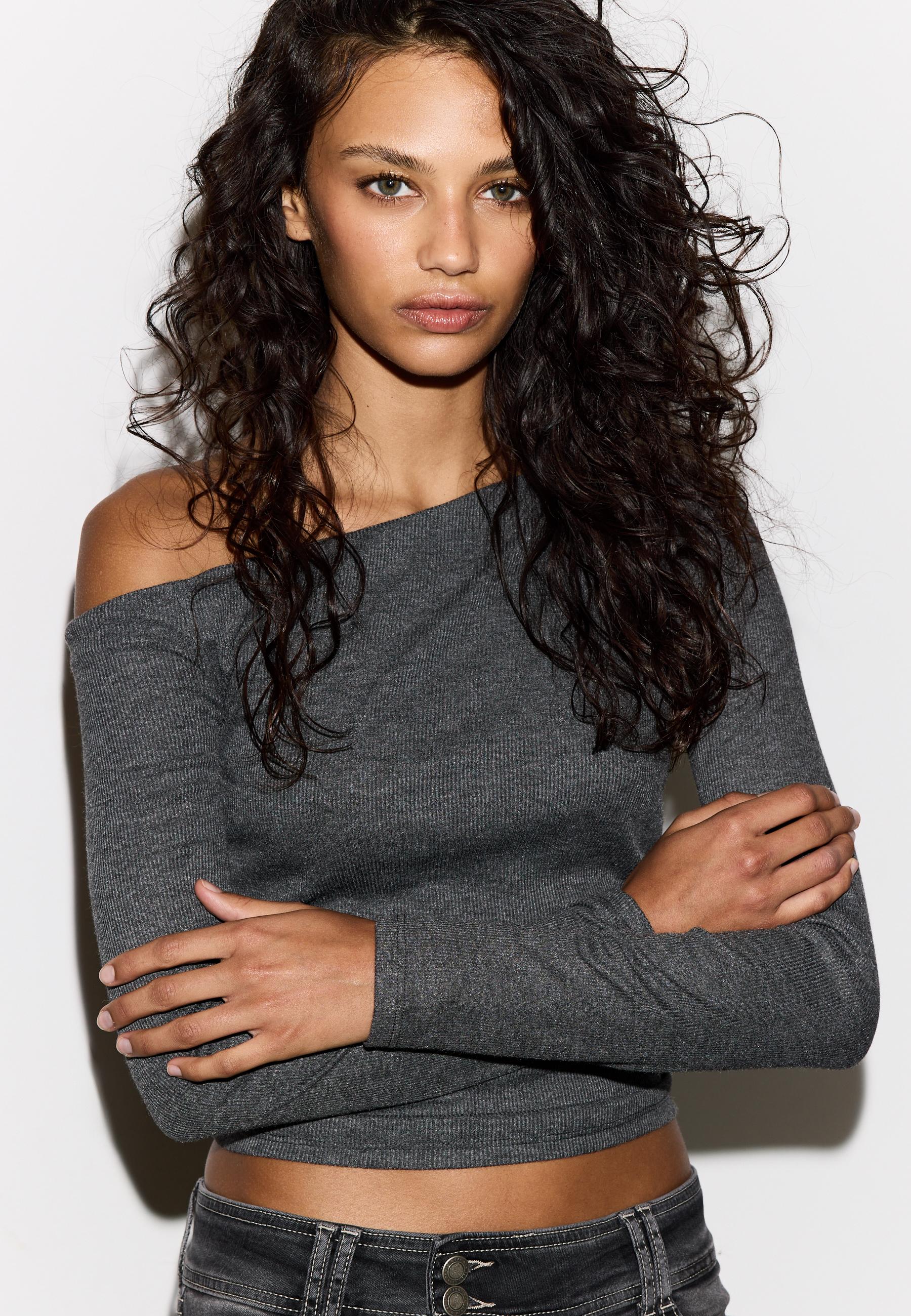 Asymmetric T-shirt with gathered detail — Dark grey