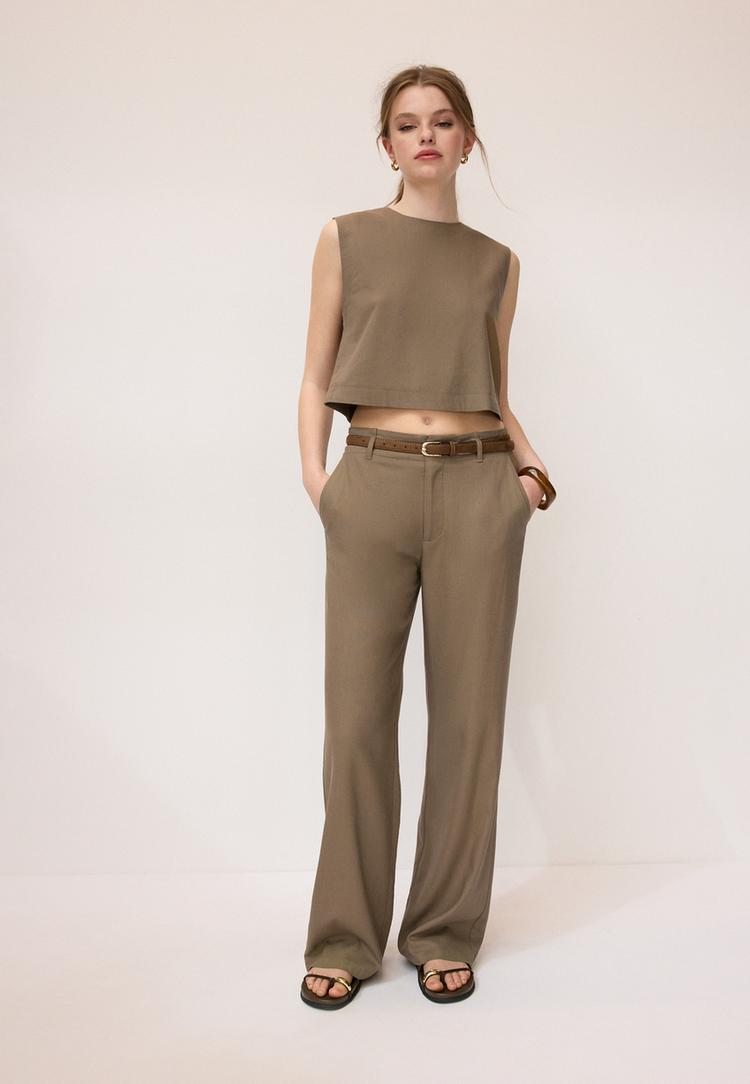 pantalon recto efecto lino cinturon