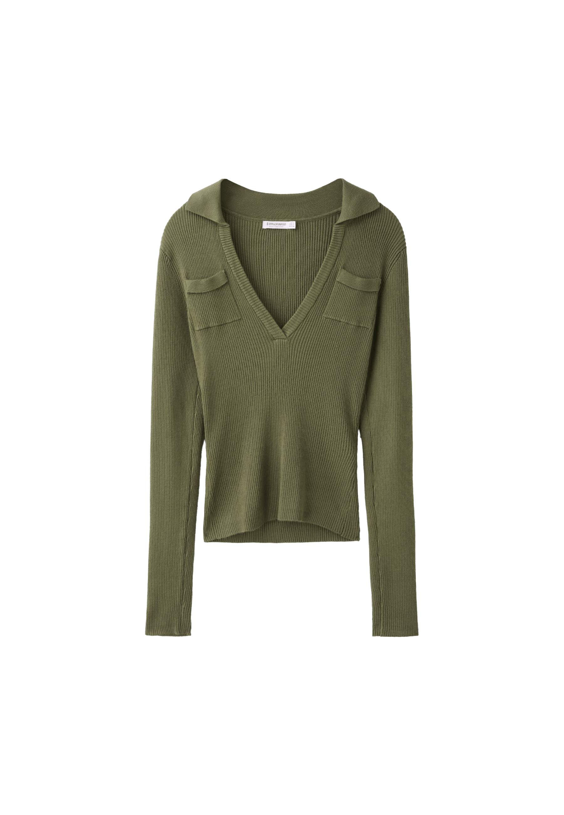 Polo collar knit jumper with pockets — Khaki