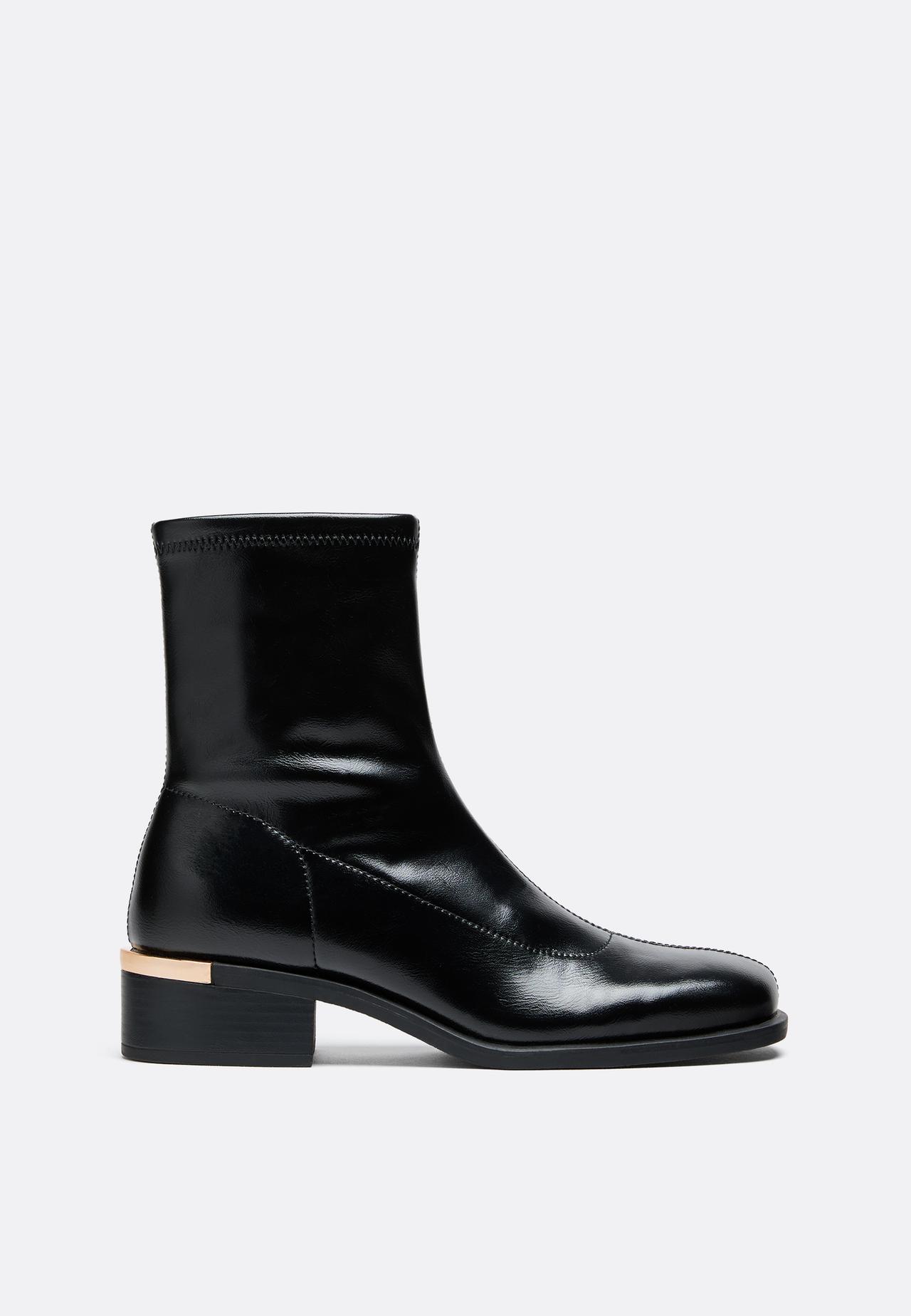 Stretch leather effect flat ankle boots — BLACK 