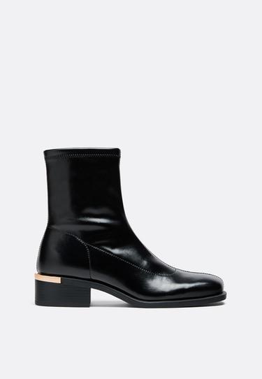 Stretch leather effect flat ankle boots — BLACK  2