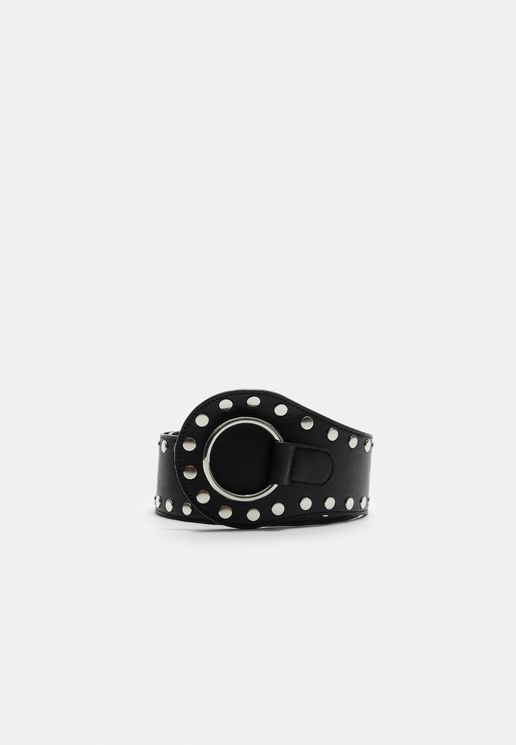 Stradivarius Široký Opasok S Cvočkami Black 90